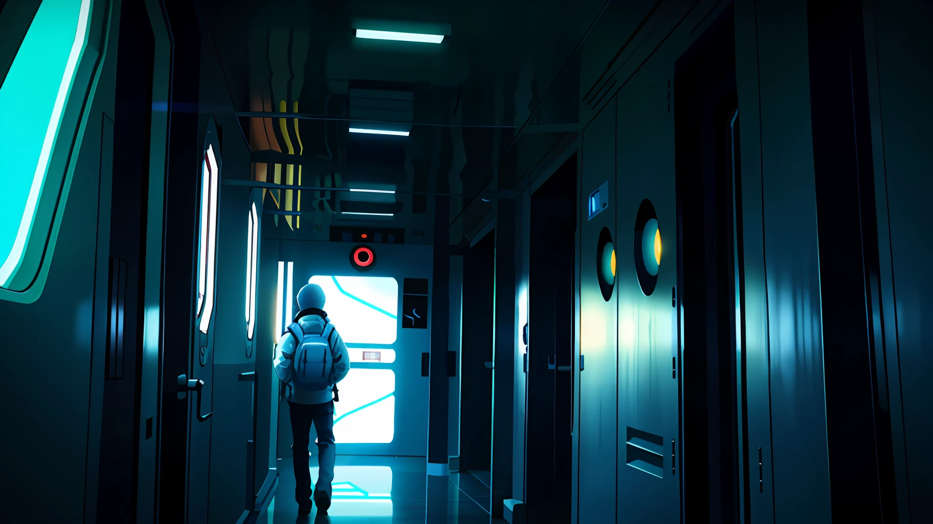 atmospheric illustration of a space traveler in a spaceship looking  through the window, seeing the universe filled with stars, spaceship hallway with lighting