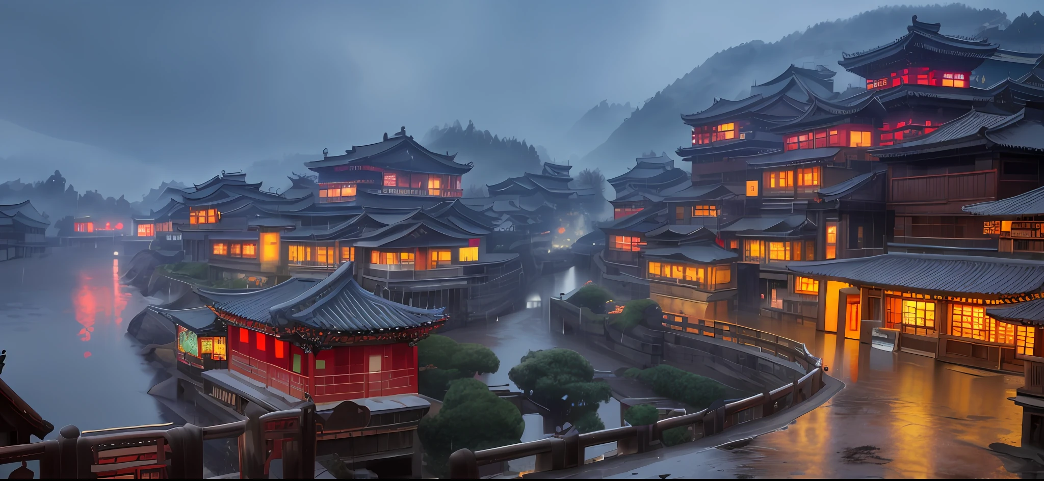 arafed view of a village with a lot of lights on the buildings, dreamy chinese town, chinese village, amazing wallpaper, japanese town, japanese village, hyper realistic photo of a town, old asian village, japanese city, by Raymond Han, rainy evening, cyberpunk chinese ancient castle, beautifully lit buildings, at evening during rain, beautiful and aesthetic, photography, cinematic, 8k, high detailed ((Heavy rain)))