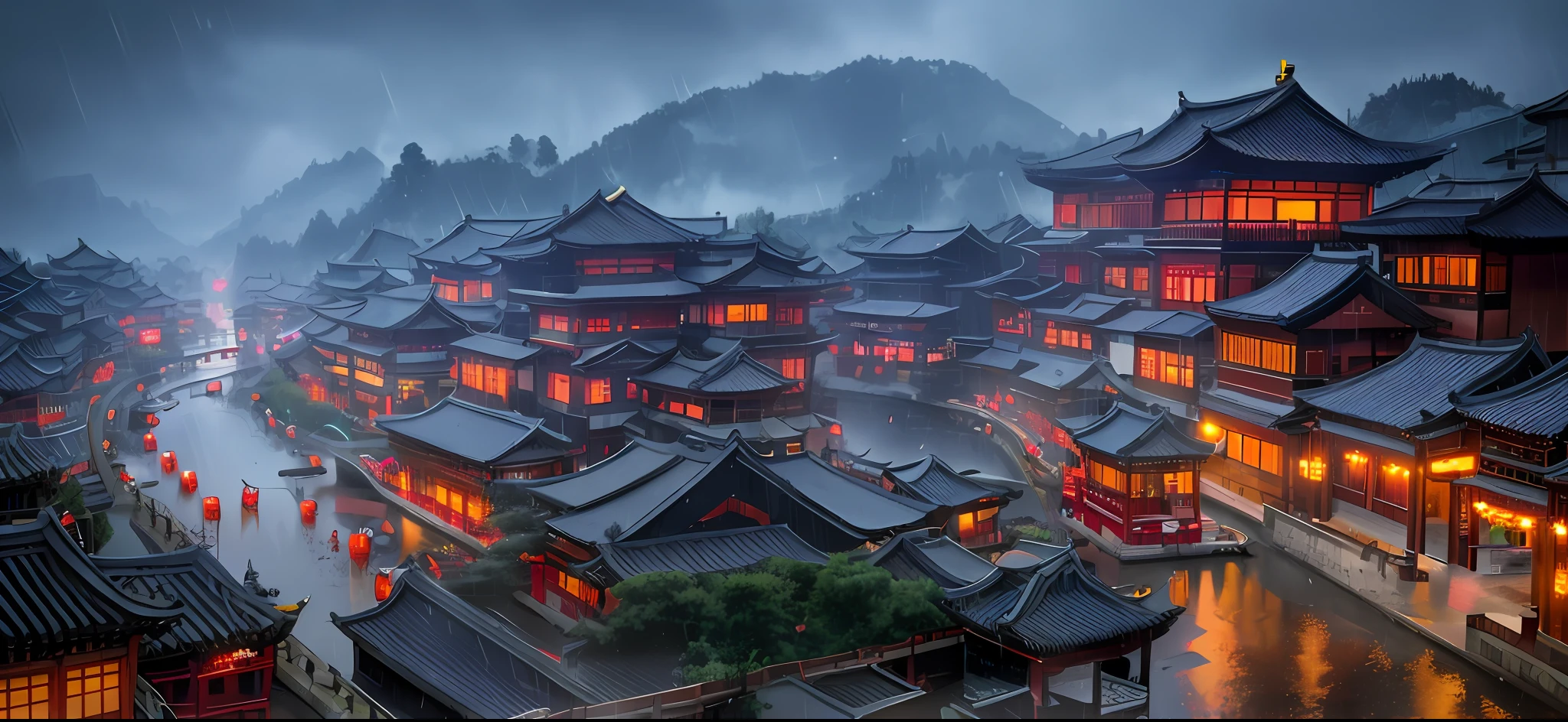 arafed view of a village with a lot of lights on the buildings, dreamy chinese town, chinese village, amazing wallpaper, japanese town, japanese village, hyper realistic photo of a town, old asian village, japanese city, by Raymond Han, rainy evening, cyberpunk chinese ancient castle, beautifully lit buildings, at evening during rain, beautiful and aesthetic, photography, cinematic, 8k, high detailed ((Heavy rain)))