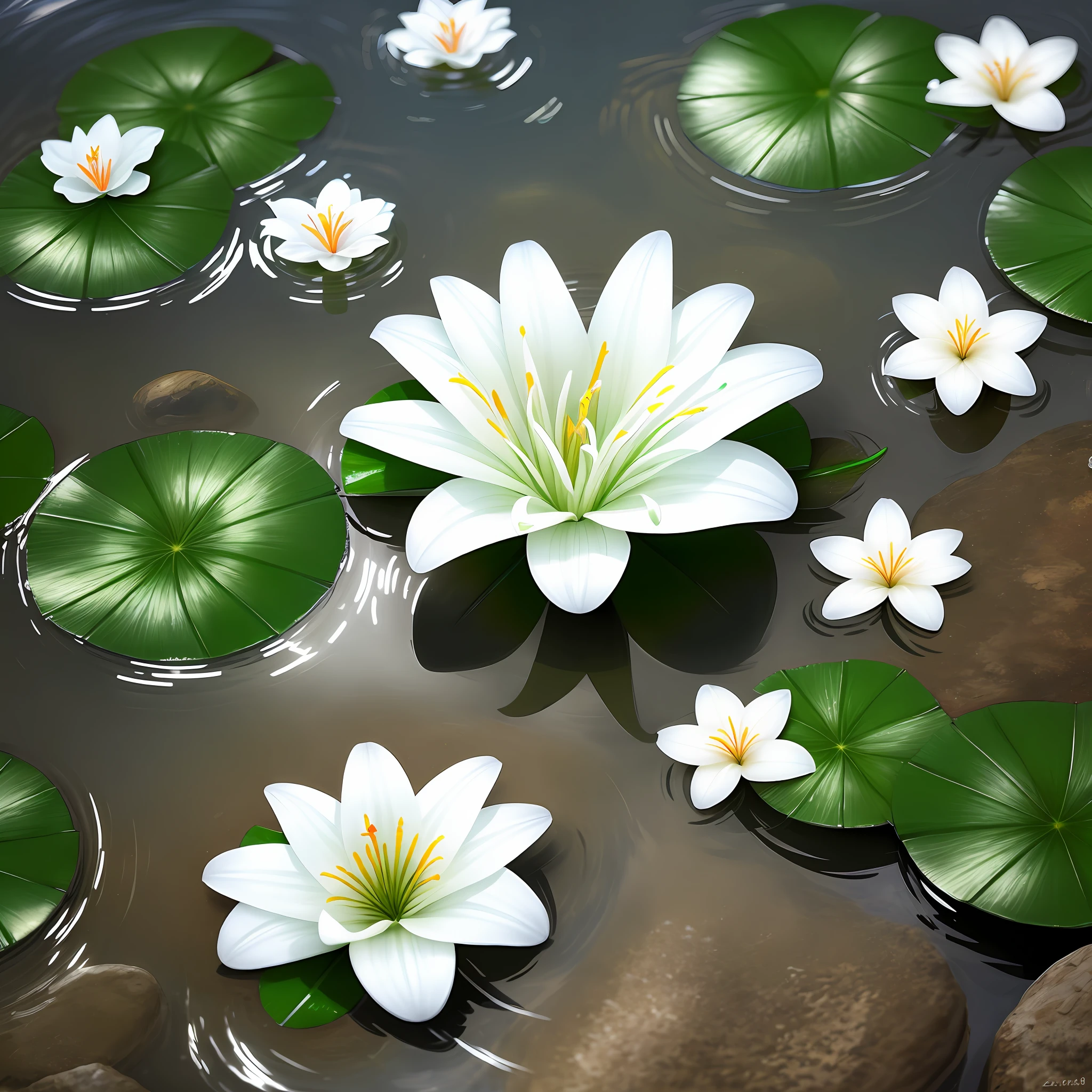 White lily flower on the water surface, transparent petals, deep as sea water, crystal clear + dew drops, 8K, HD, ivy, flowers, tropical plants
