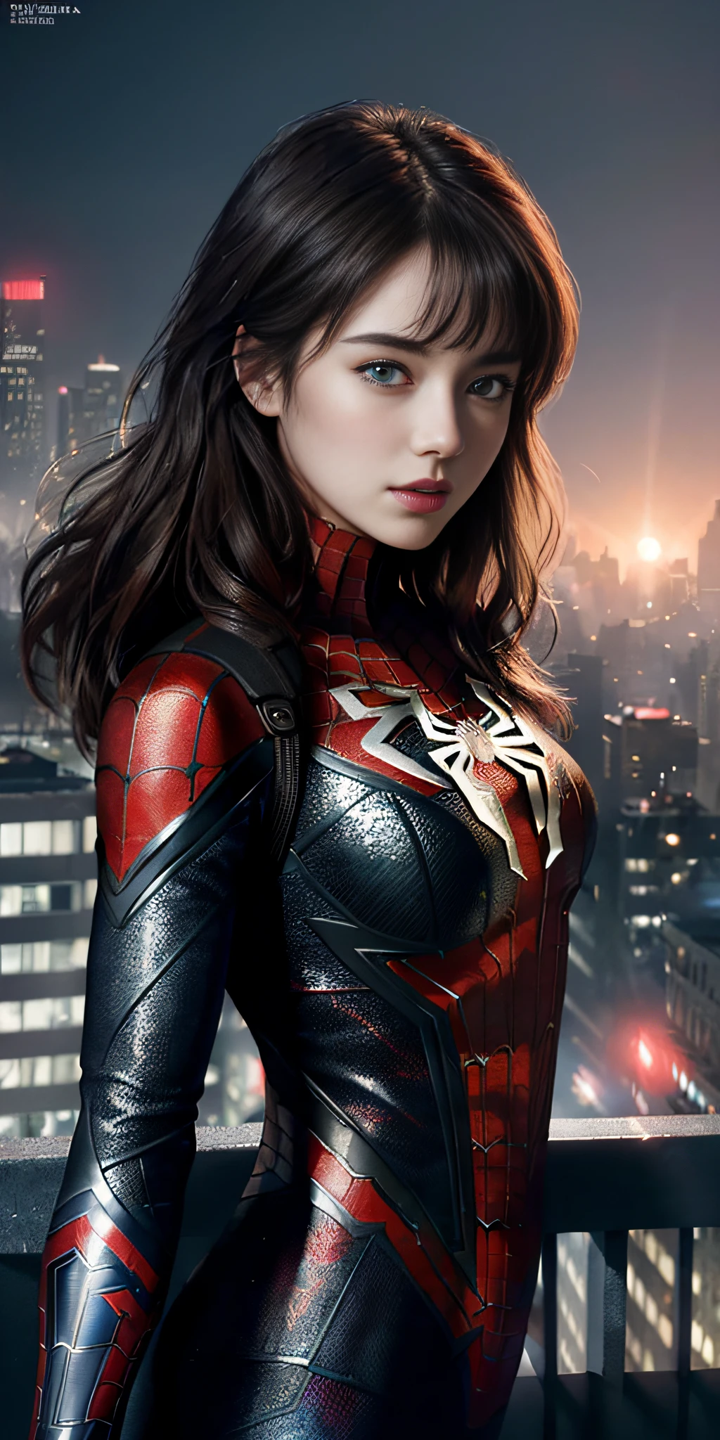 (1girl:1.3), Solo, (((Very detailed face)))), ((Very detailed eyes and face)))), Beautiful detail eyes, Body parts__, Official art, Unified 8k wallpaper, Super detailed, beautiful and beautiful, beautiful, masterpiece, best quality, original, masterpiece, super fine photo, best quality, super high resolution, realistic realism, sunlight, full body portrait, amazing beauty, dynamic pose, delicate face, vibrant eyes, (from the front), She is wearing Spider-Man suit, red and black color scheme, spider, very detailed city roof background, rooftop, overlooking the city, detailed face, detailed complex busy background, messy, gorgeous, milky white, highly detailed skin, realistic skin details, visible pores, clear focus, volumetric fog, 8k uhd, DSLR, high quality, film grain, fair skin, photo realism, lomography, futuristic dystopian giant metropolis, translucent, large big breasts