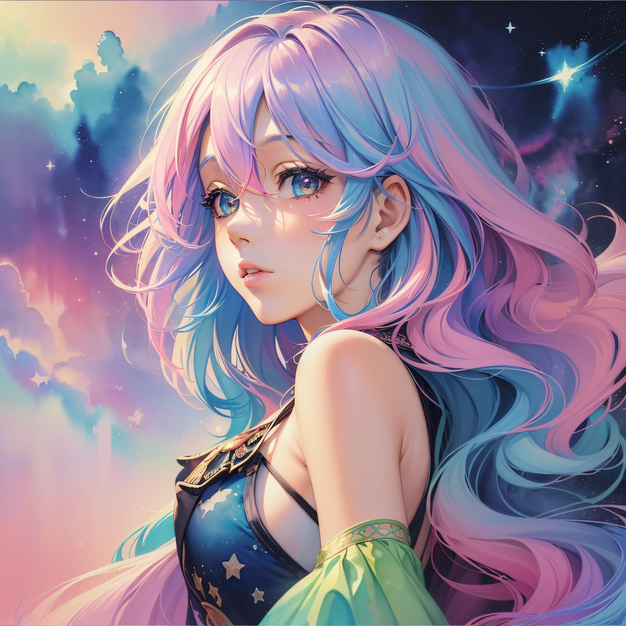 (masterpiece, top quality, best quality,watercolor (medium),official art, beautiful and aesthetic:1.2),(1girl:1.3), (fractal art:1.3),upper body, from side, looking at viewer,patterns,(rainbow color Hair,colorful hair,half blue and half pink hair:1.2),water,liquid, cloud,colorful, starry,stars,