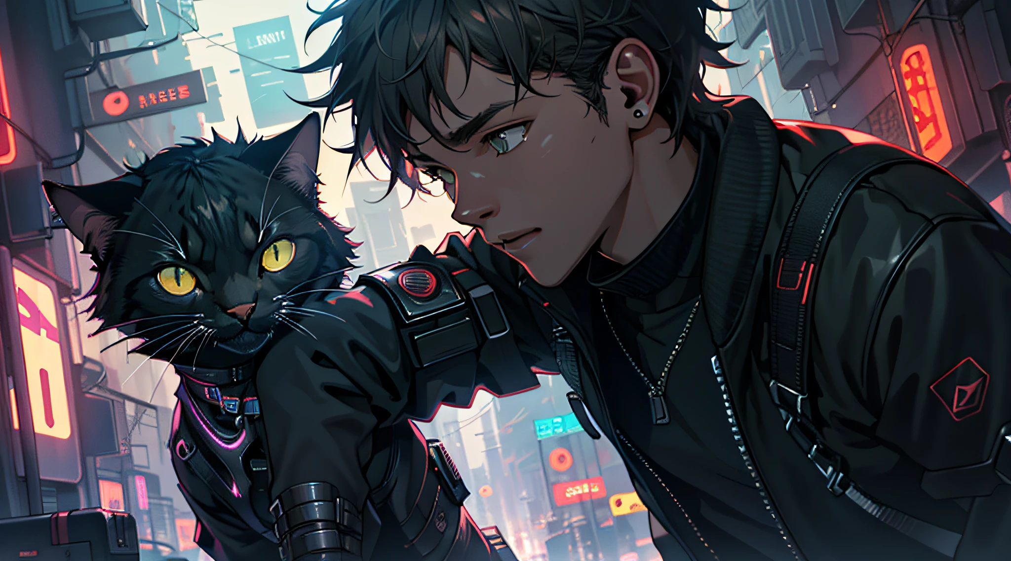 ultra detail, high resolution, ultra detailed, best quality, amazing, top quality, extremely detailed CG unity 8k wallpaper, cinematic lighting, cat fanboy, cyberpunk, dark boy