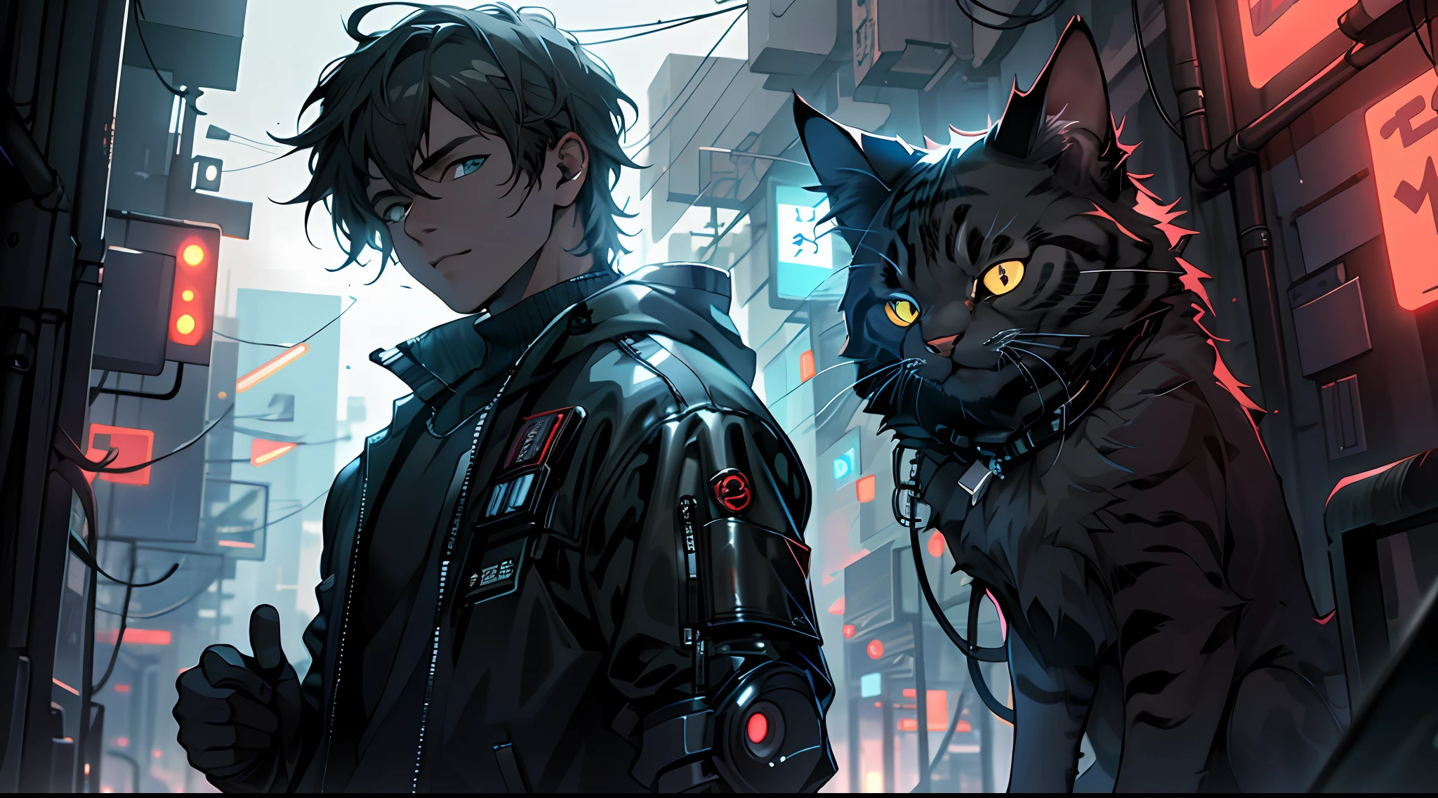 ultra detail, high resolution, ultra detailed, best quality, amazing, top quality, extremely detailed CG unity 8k wallpaper, cinematic lighting, cat fanboy, cyberpunk, dark boy