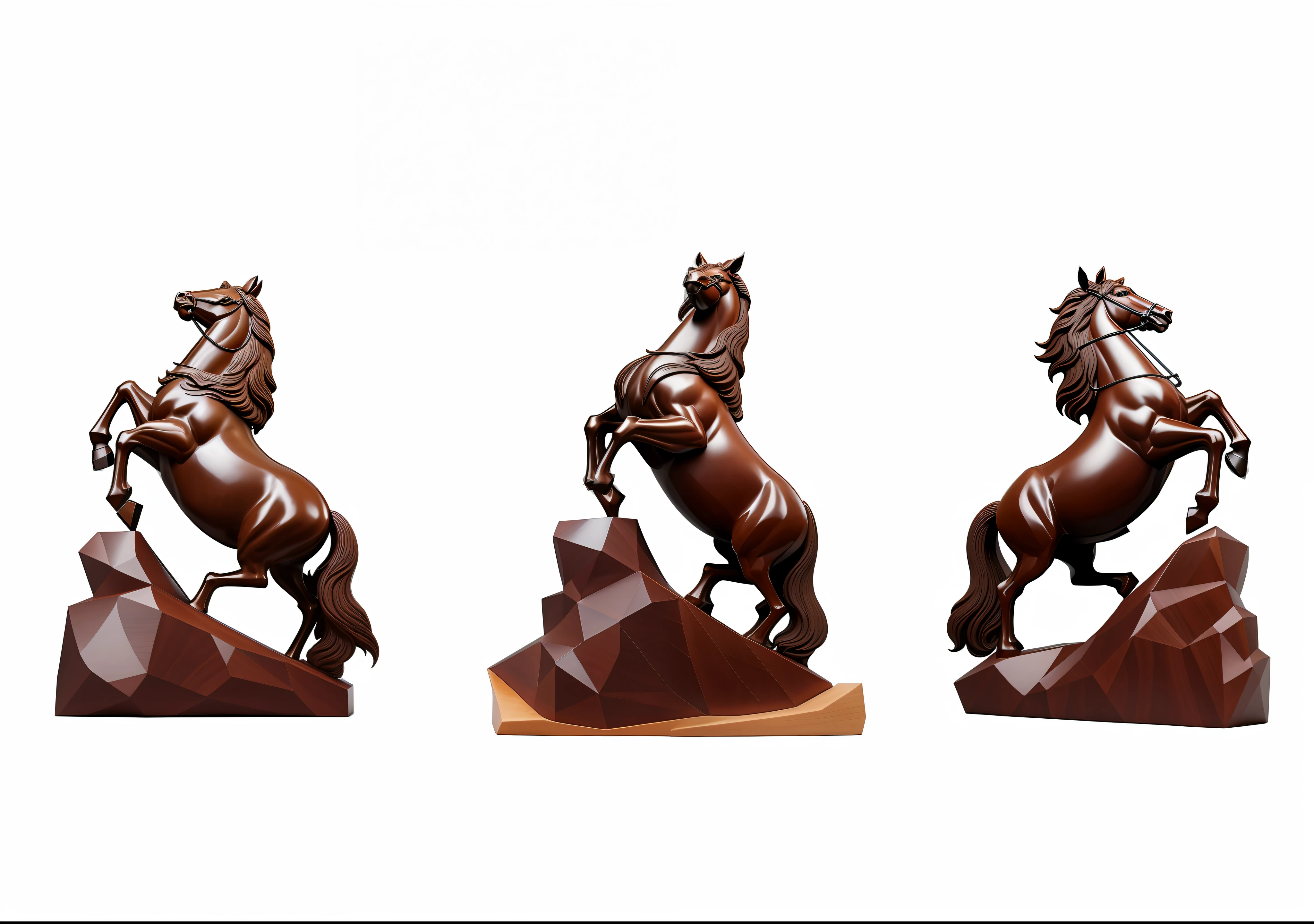 three statues of horses on a rock with a white background, resin statue, hand carved brown resin, wooden statue, by Kanō Tan'yū, masterwork sculpture, high-quality art, sculptures, carved wood, wood carving, jinyiwei, riding on a prancing horse, inspired by Wang Jian, cgi clay sculpture, horse on top
