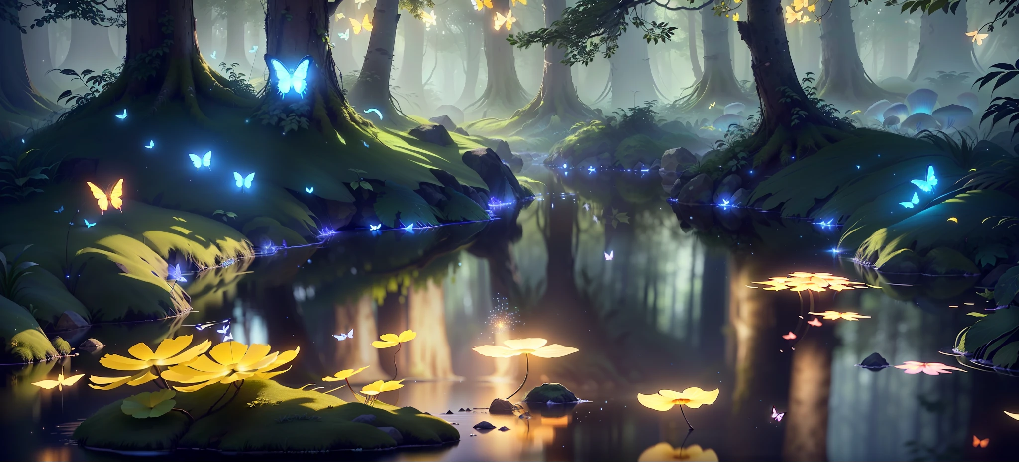 A masterpiece, the best quality, stunning reflections, the best reflections ever. (very detailed CG unity 8k wallpapers), (best quality), (best illustrations), (best shadows), forest theme with natural elements. Tall trees, quiet streams, small glowing mushrooms surrounded by delicate leaves and branches, with fireflies and glowing particle effects,, (natural elements), (jungle theme), (leaves), (twigs), (fireflies), butterflies, (delicate leaves), (glow), (particle effects). , Isometric 3D, Octane Rendering, Ray Traced, Super Detailed
