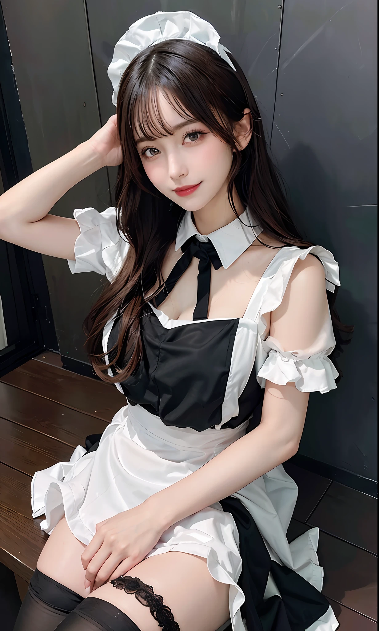 majicMIX Real, (Raw photo: 1.2), (Photorealistic: 1.4), beautiful detailed eyes, smiling, spreading legs, sitting with knees upright, show off panties, huge file size, super detailed, high resolution, very detailed, highest quality, masterpiece, illustration, highly detailed, cg, unification, 8k wallpaper, masterpiece, top quality, light on face, cinematic lighting, 1 16 year old girl, clothes lift, dress, dress lift, garter straps, black and white maid dress, maid headdress, neck ribbon, CEO, (maid clothes: 1.2), maid cloth, mini swirl skirt, maid bandana, black stockings, pink pants, blonde hair