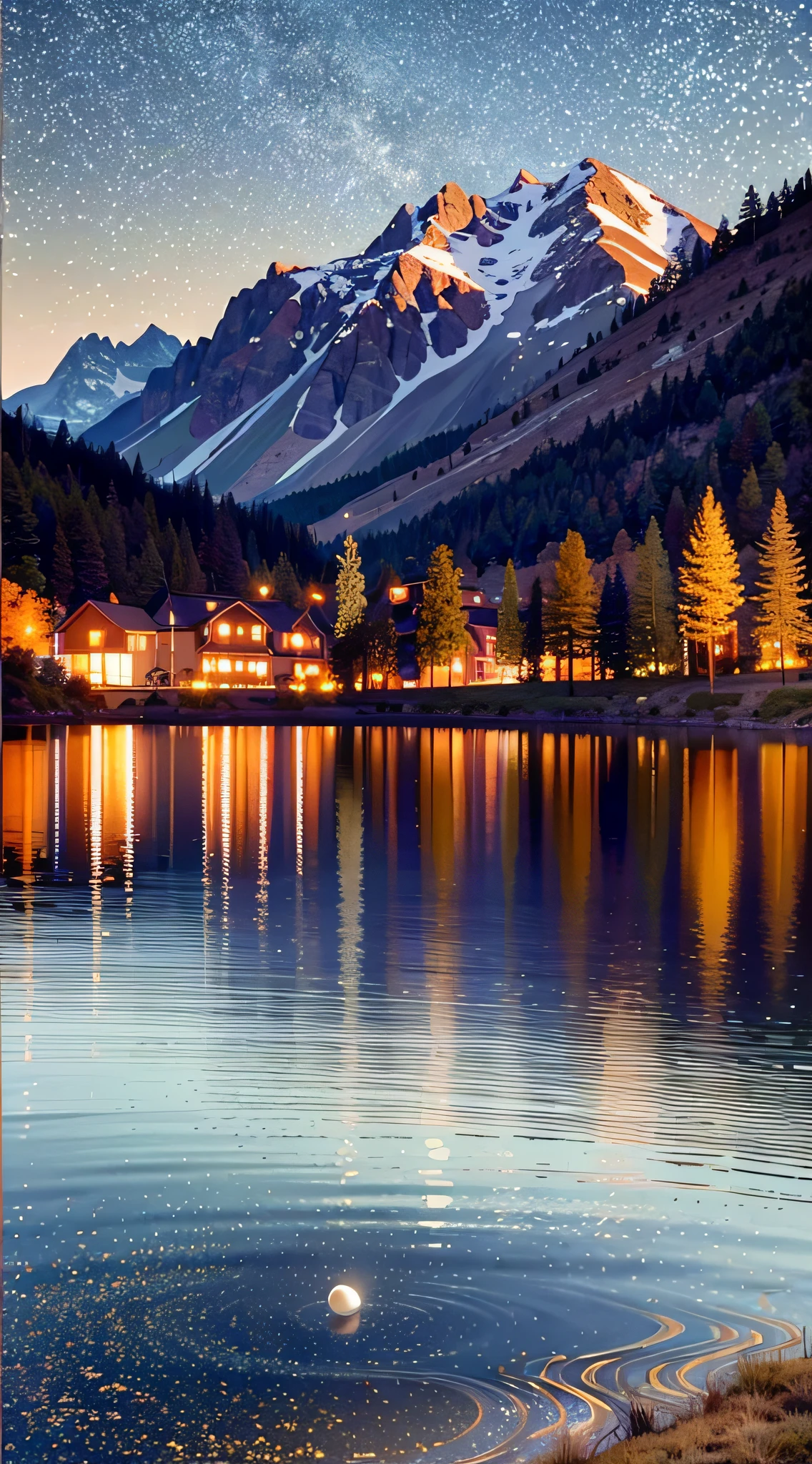 Very starry night. A giant moon behind the mountains. A tranquil lake reflecting the night. Realistic scene, detailed, photorealism, 8k