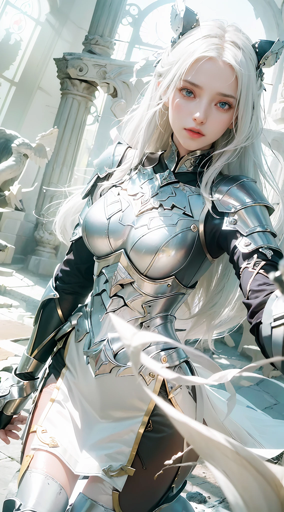 ((Best Quality)), ((Masterpiece)), (Details: 1.4), 3D, A Beautiful Female Knight, (Long White Hair: 1.9), (Red Eyes: 1.7), (Armor: 1.5), Sabre, Temple Background, Gothic Chapel, HDR (High Dynamic Range), Ray Tracing, NVIDIA RTX, Super-Resolution, Unreal 5, Subsurface Scattering, PBR Texture, Post Processing, Anisotropic Filtering, Depth of Field, Maximum sharpness and sharpness, multi-layer textures, albedo and highlight maps, surface shading, accurate simulation of light-material interactions, perfect proportions, Octane Render, two-color light, large aperture, low ISO, white balance, rule of thirds, 8K RAW,
