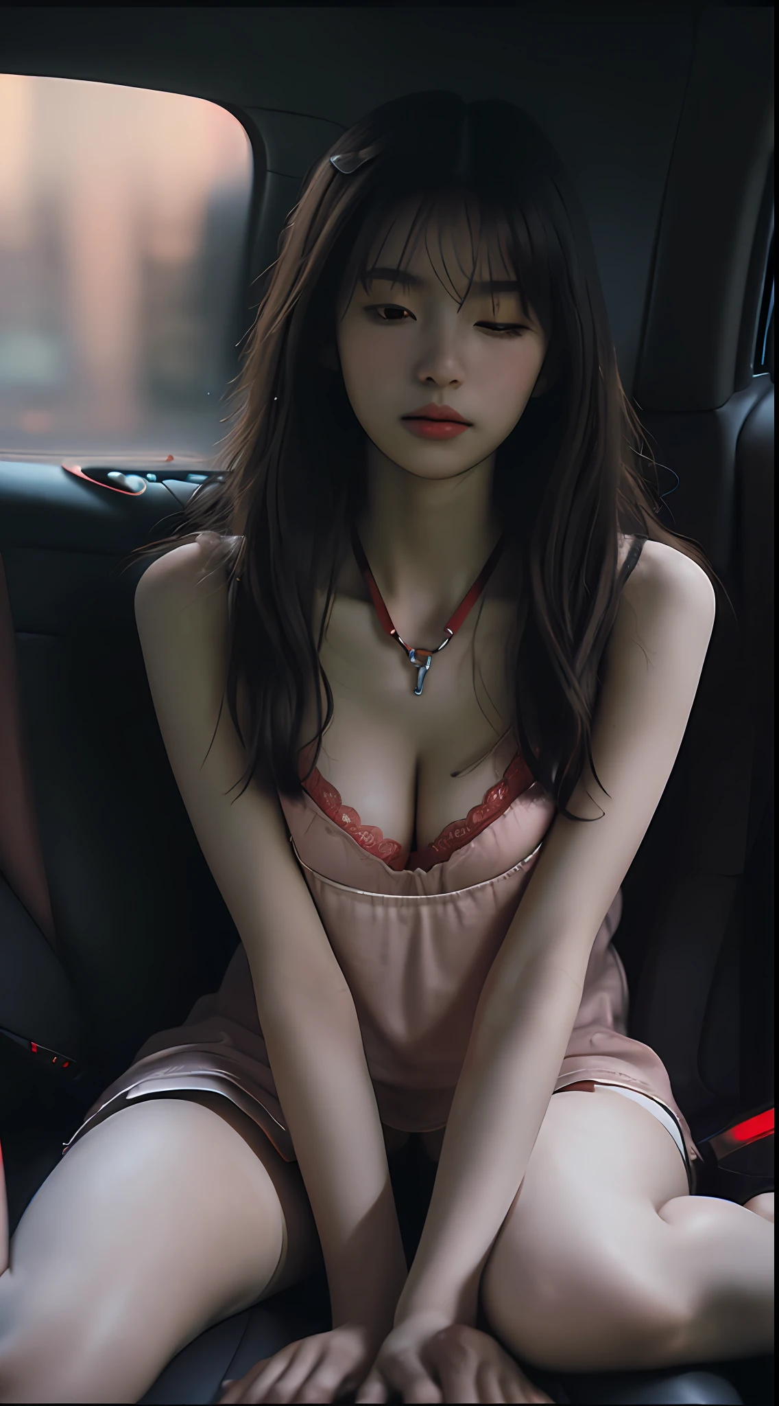 Cool Beauty Beauty Serious Theme, ulzzang-6500-v1.1, (Raw photo:1.2), (Photorealistic:1.4),Seen from below, Beautiful detailed girl, Beautiful breasts with neat lower body small breast proportions, Very detailed eyes and face, Beautiful detailed eyes, ridiculous, incredibly ridiculous, huge file size, super detailed, high resolution, very detailed, top quality, masterpiece, venue with a lewd atmosphere, ((Japan girl underground idol)), illustration, very detailed, cg, unification, 8k wallpaper, wonderful, fine details, (tiny little breasts, the most lewd expression sexually aroused with eyes closed), small breasts, beautiful lower body neat and beautiful proportions, (-yeld giwith a sensual look, no makeup) masterpiece, Top quality, highly detailed CG uniform 8k wallpaper, light on face, boyfriend's bed in the dark, mini nightgown in disheveled outfit of a 17-year-o giith ansual expression (no panties) (no bra)), ((posing lying down with hands raised in the car seat))), (showing small breasts), (half), disheveled outfit is sexual mini nightgown) ((without panties) ( No bra)), (Lying down with hands raised in a car seat in the dark, exposing soft skin) (Composition poses with a sensual expression 17-year-old girl lninainstcar seat and lying with her hands raised) (Red dog collar and chain leash around her neck)) (Lying down with hands raised) (ecstatic sensual look), (Sensual expression 17-year-old girl, no makeupdisled ntgown ((no panties)) , ((sexual dynamic pose))), (camel toe), (hands extended up), (legs open and thighs o-open), (hands extended up), (show unobstructed crotch), (red pantyhose), ((no panties)), (sitting legs bending knees)) ((legs open and open to thigh))) (red lighting on the left side of the screen, shadows and dark areas on the right side) (strobe lighting) (arms back) (red lighting on the left side of the screen, dark areas with shadows on the right) (extreme shading) (glittering red-blue light light) (low co