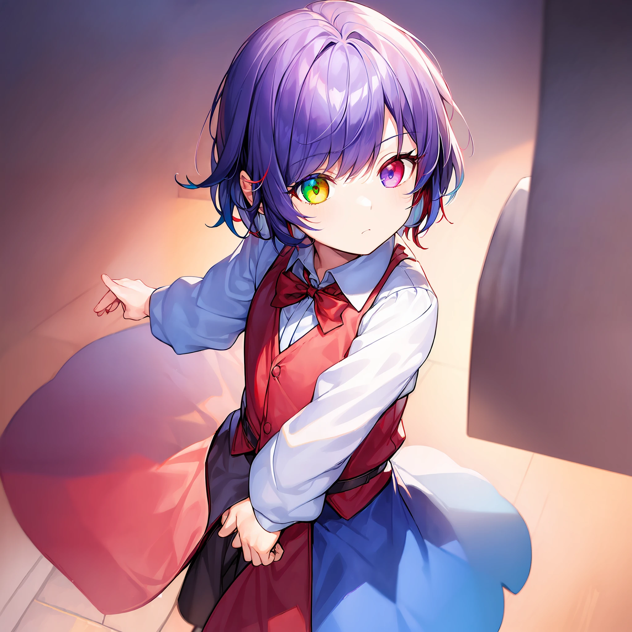 ((((nobackground)))),1boy,standing, shorthair, dark purple hair, (((heterochromic,red&blue))),vest, blue Clothes,
