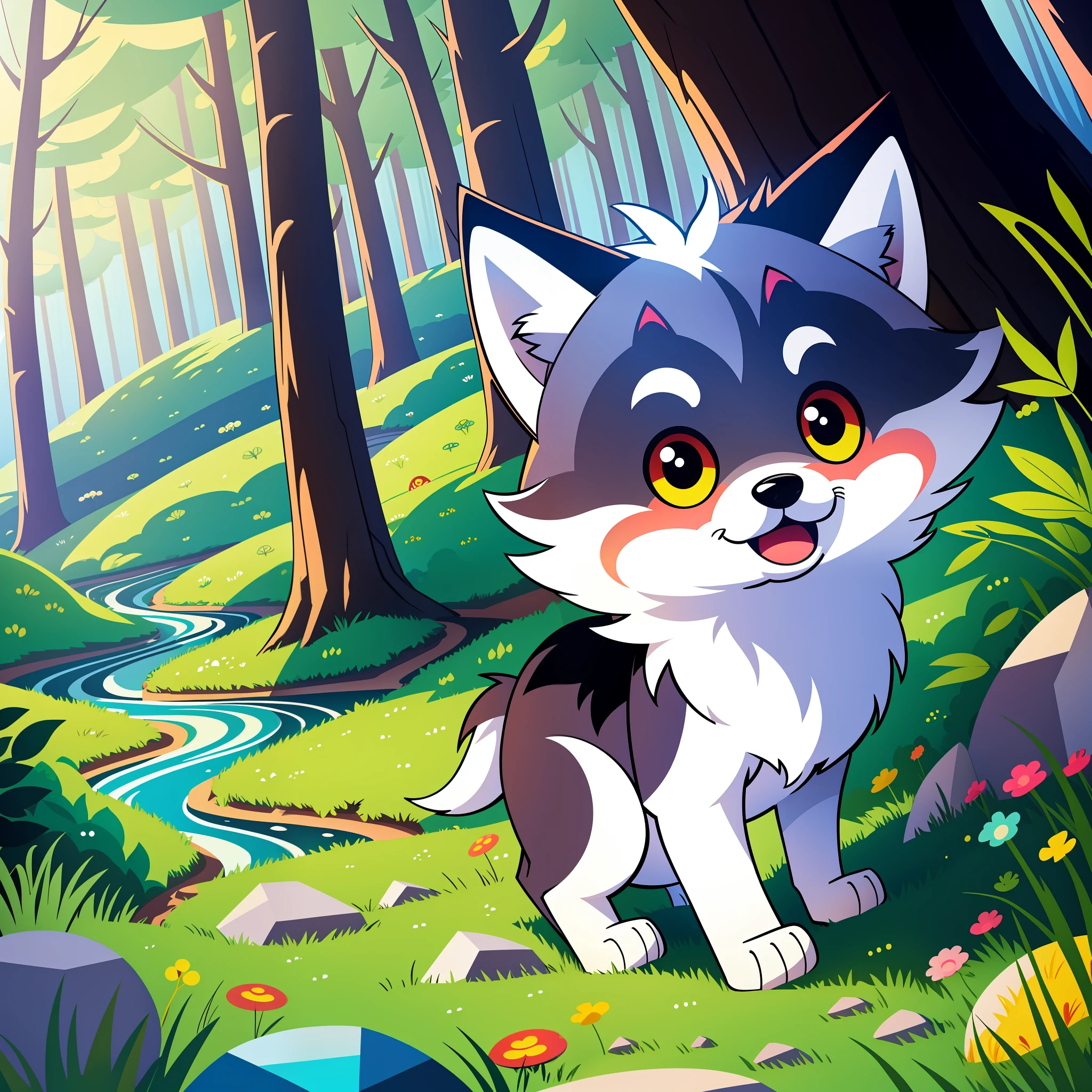 cartoon, little wolf, big eyes, round face, cute, simple geometric shapes, bright colors, forest, meadow, simple lines, elements, vividness, trees, stones, rivers, dynamics, lines, line segments, blurred strokes, speed, dynamics, expressions, emotions, happy, curious, surprised, mouth, ears, personality, bright, vivid colors, contrast, brightness, vibrancy, visual impact.