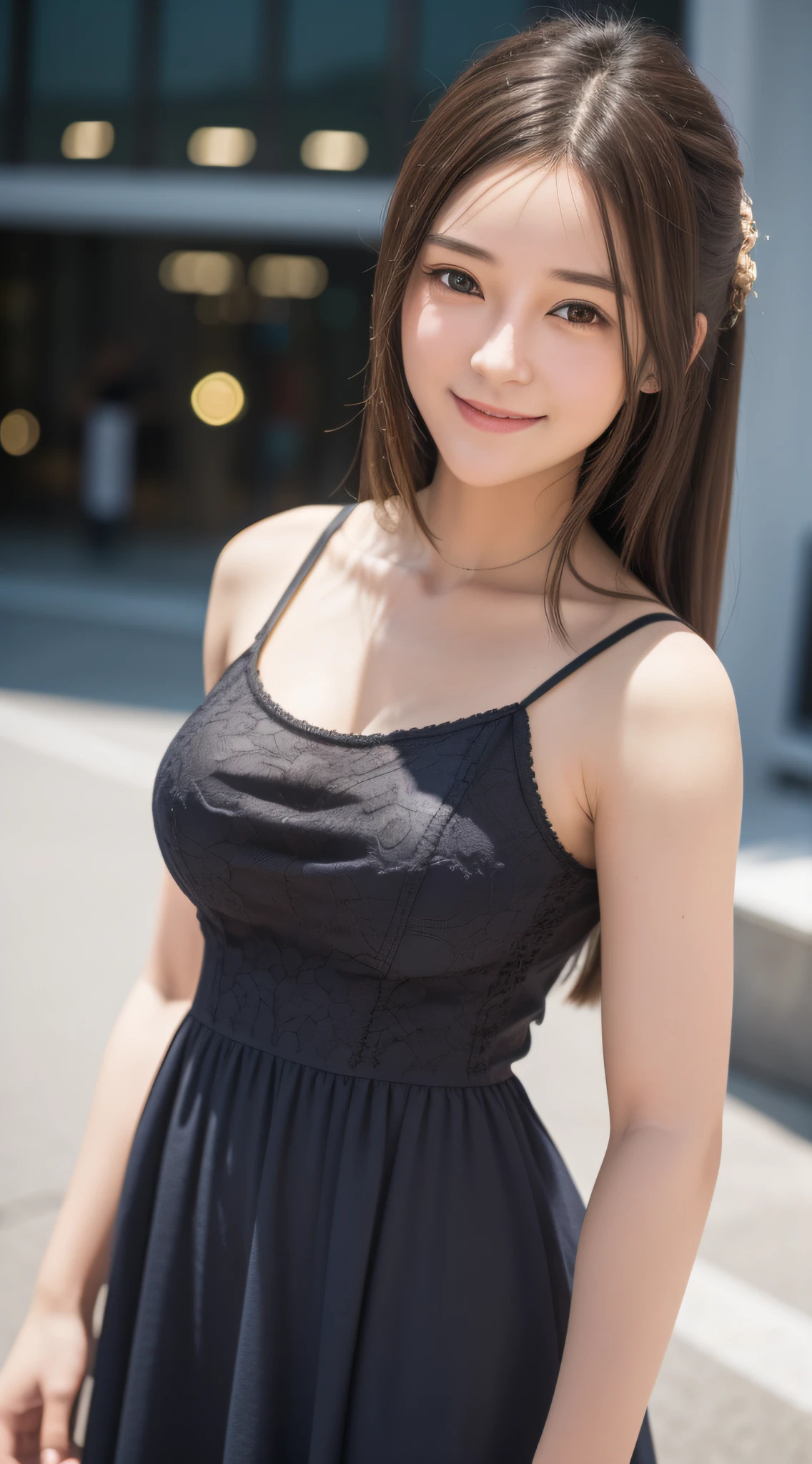 (8k, RAW photo, best quality, masterpiece: 1.2), (realistic, realistic: 1.37), ultra-high resolution, photon mapping, radiosity, physically based rendering, 1 girl, (brunet: 1.3), detailed face, detailed eyes, huge breasts, shiny skin, (pureerosface_v1:1.0), standing, (dress: 1.5), looking at the audience, (laughing cute: 1.2), (happy), healing cute, (Cityscape: 1.2), (Night: 1.2), (Dark Theme: 1.5),