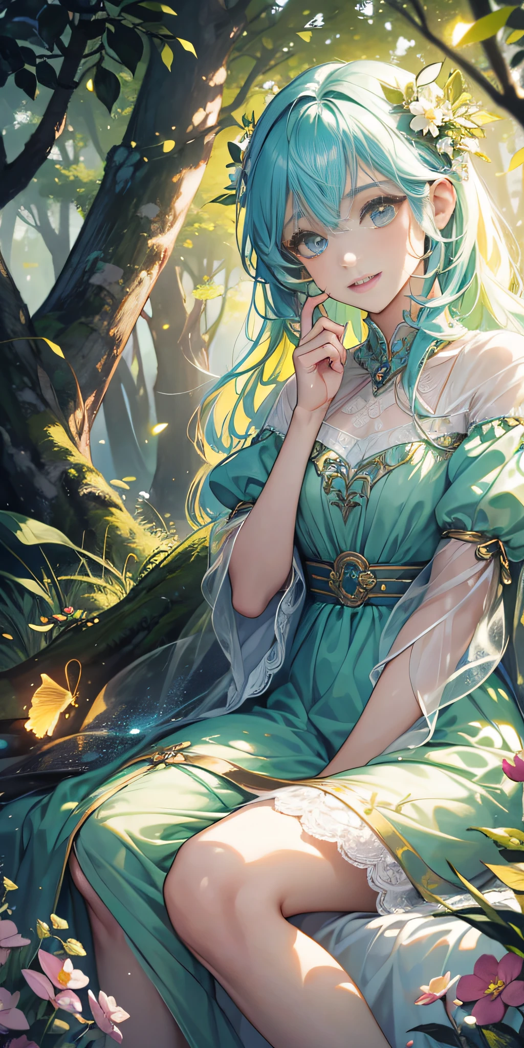 (1girl:1.3), Solo, (((Very detailed face)))), ((Very detailed eyes and face)))), Beautiful detail eyes, Body parts__, Official art, Unified 8k wallpaper, Super detailed, beautiful and beautiful, beautiful, masterpiece, best quality, original, masterpiece, super fine photo, best quality, super high resolution, realistic realism, sunlight, full body portrait, amazing beauty, dynamic pose, delicate face, vibrant eyes, (from the front), She wears oversized frock, very detailed forest, grass ground, detailed face, detailed forest background, messy, gorgeous, milky white, highly detailed skin, realistic skin details, visible pores, clear focus, volumetric fog, 8k uhd, DSLR, high quality, film grain, fair skin, photo realism, lomography, translucent,real kid, human, blurry foreground, wide shot, bokeh, cinematic lighting, Mannerism, textured skin, UHD, masterpiece, retina, highres, award winning, best quality, high details, super detail, a Chibi from Sky: Children of Light, vibrant warm smile, white nice teeth, long strand rainbow color hair, featuring vibrant colors and whimsical details, evoking a sense of wonder and magic. The color temperature is cool, very dark nighttime, sitting politely in a herd of glowing beautiful fireflies that are lighting her up, while the Chibi wears a joyful expression. Soft lighting accentuates the character's charm and innocence. --v 5 --stylize 1000, fireflies, dynamic lighting, park, flowers, green grass, raining, long frock, particles, glowing fireflies, dreamlike, dreamworks , magical world, --auto --s2