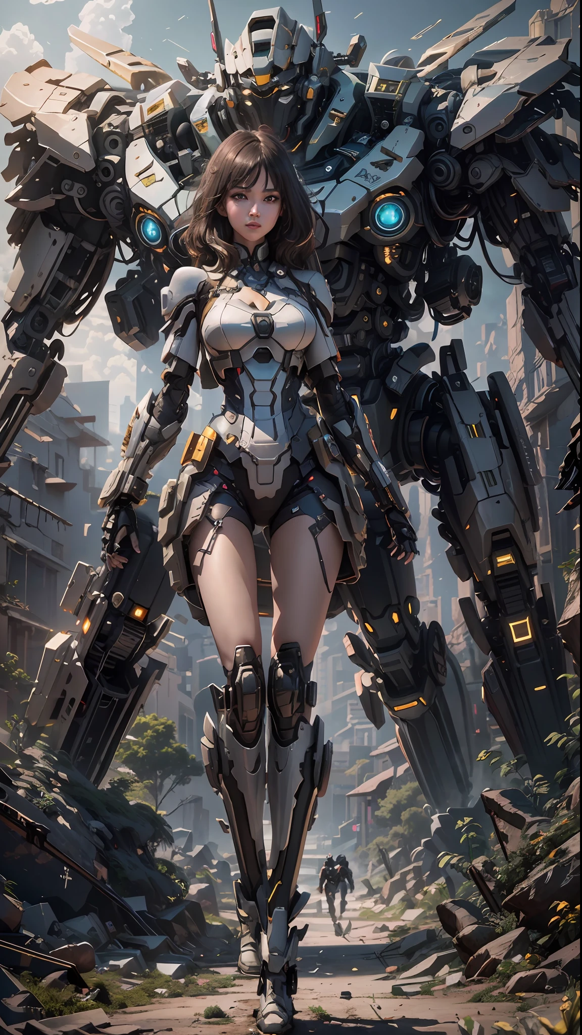 ((Best Quality)), ((Masterpiece)), (Very Detailed:1.3), 3D, Shitu-mecha, Beautiful cyberpunk woman with her pink mech in the ruins of a city in the forgotten war, Ancient technology, HDR (High Dynamic Range), ray tracing, NVIDIA RTX, super resolution, unreal 5, subsurface scattering, PBR texture, post-processing, anisotropic filtering, depth of field, maximum sharpness and sharpness, multi-layer texture, albedo and highlight maps, surface shading, Accurate simulation of light-material interactions, perfect proportions, octane rendering, duotone lighting, low ISO, white balance, rule of thirds, wide aperture, 8K RAW, efficient sub-pixels, subpixel convolution, luminescent particles, light scattering, Tyndall effect