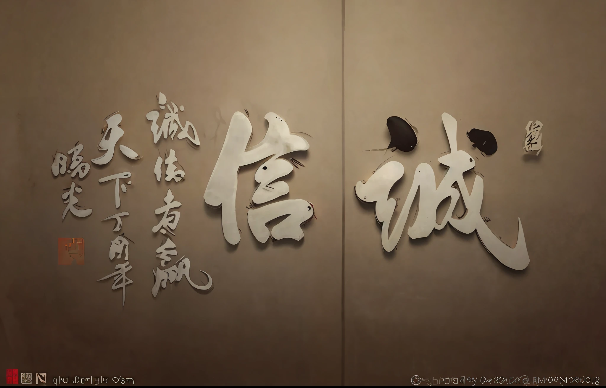 chinese calligraphys on a wall in a room with a wall, by Kim Du-ryang, chinese calligraphic painting, by Cheng Zhengkui, by Chen Daofu, japanese calligraphy, by Qu Leilei, by Xu Xi, by Shen Quan, by Xuande Emperor, by Wang Hui, by Shunbaisai Hokuei --auto --s2