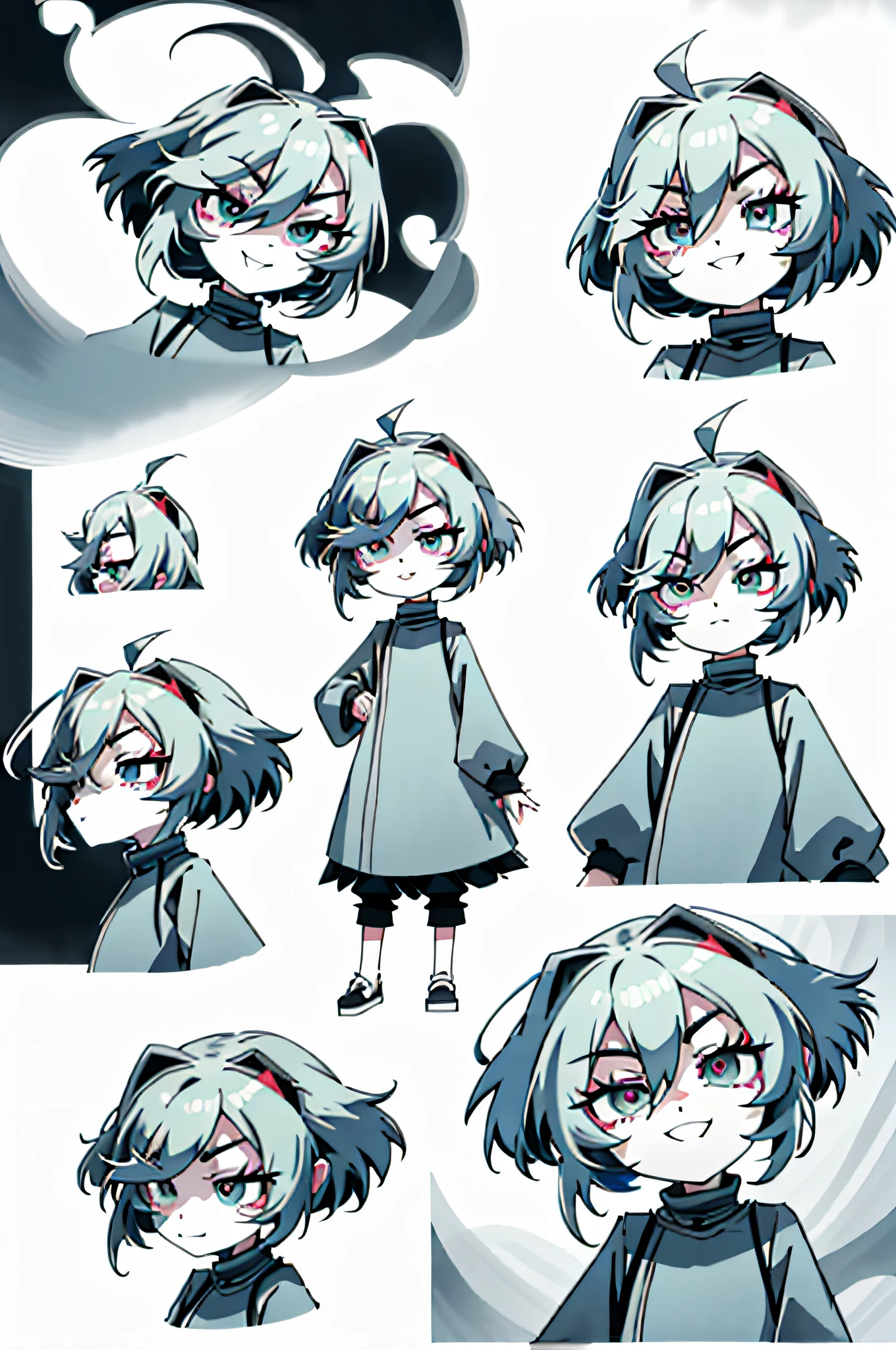 Multiple views of the same character, long eyelashes, light smile, fangs, gray-green hair, crossed bangs, floating hair, single sideburns, amber eyes, horizontal pupils, tachi-e, 8k