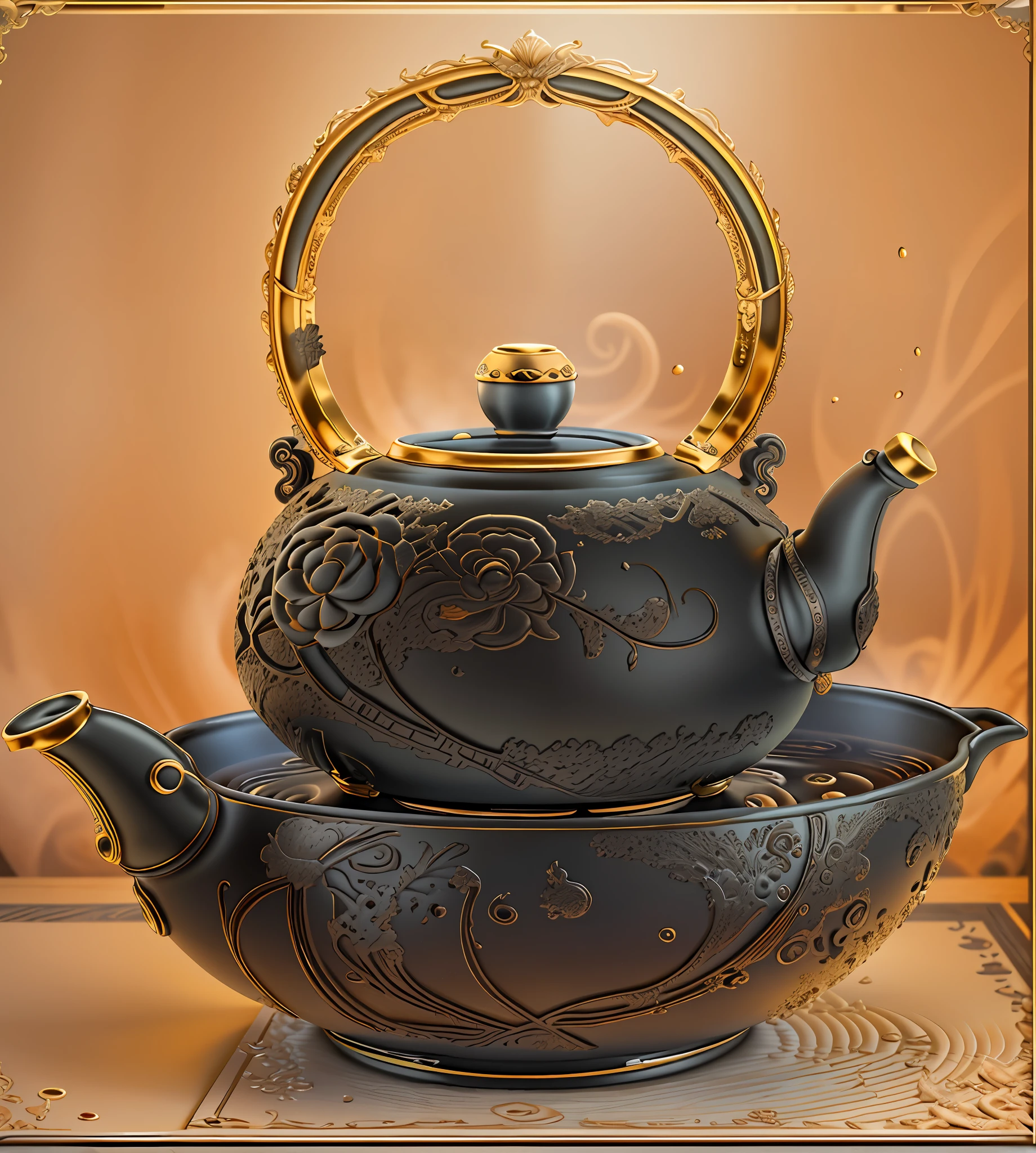 On the bowl is a black teapot, on the hearth there is a large black kettle, teapot, teapot: 1, corona rendering, teapot, high poly Vray rendering, Japanese pottery, obvious relief texture, ultra-realistic detail rendering, vray rendering, elegant rendering, pot, Arnold rendering, high quality rendering, kettle, Alexander Kucharsky key