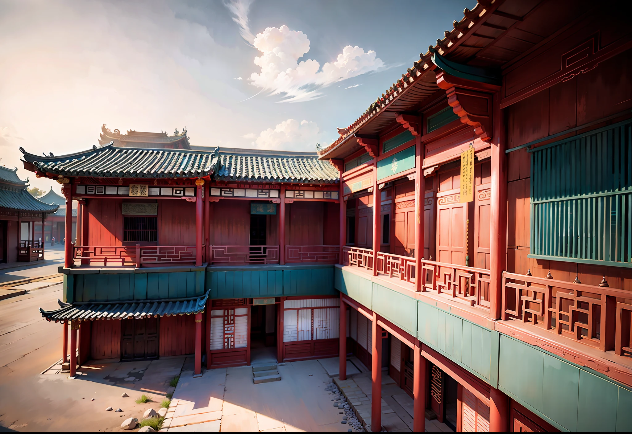 Ancient Chinese architecture, colored, red structure and columns, cyan roof, white wall, 8K, realism, global light, ray tracing