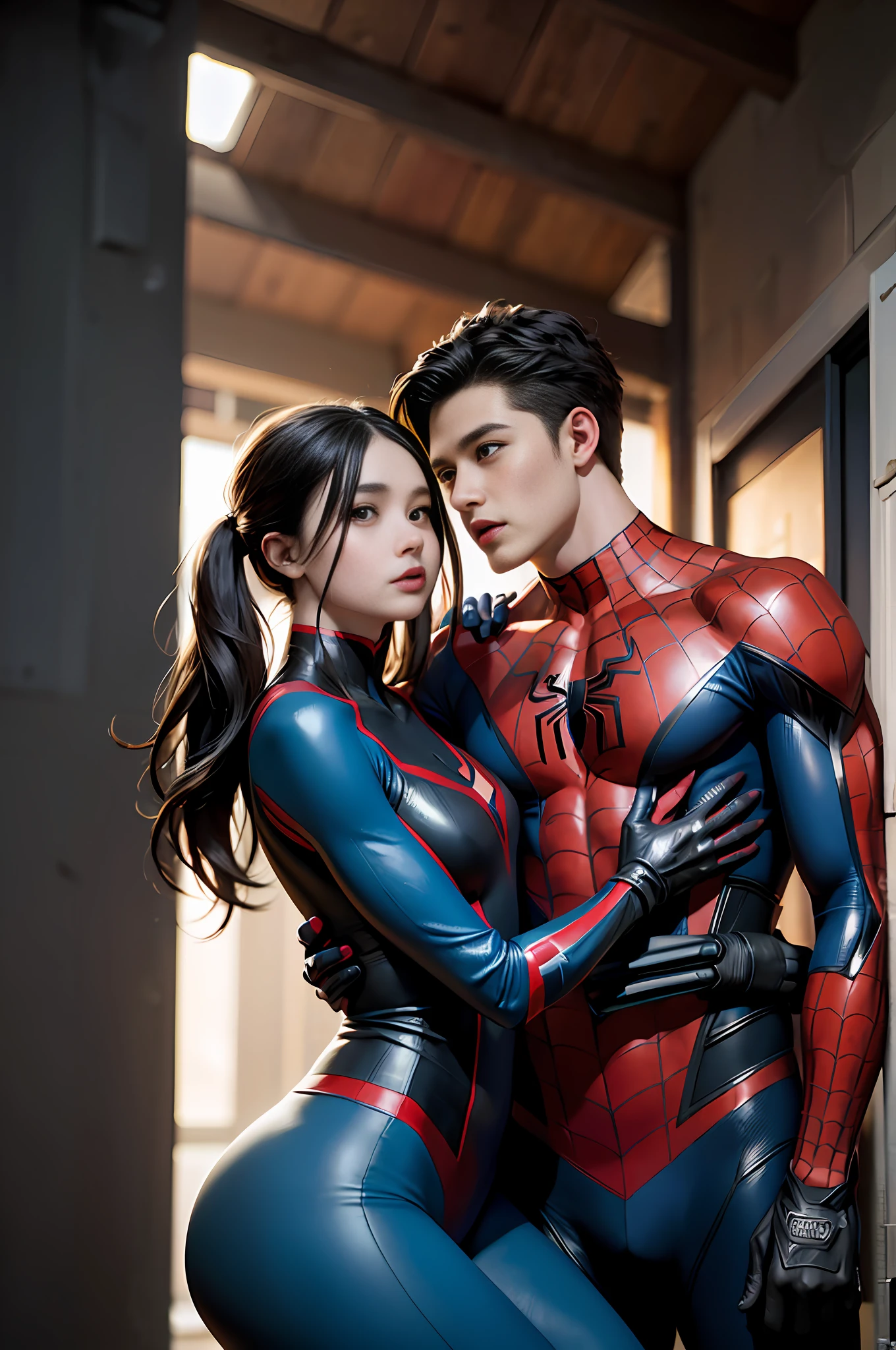 RAW,2people,1girl and 1boy, (A charming 18 year old Chinese girl and boy hugging together: 1.5), (no mask, showing face: 2), masterpiece, super fine photos, best quality, super high resolution, photorealistic realism, sunny handsome, full body portrait, delicate face, vibrant eyes, (from the side), she is wearing a futuristic steel woman Spider-Man costume, very detailed background, detailed face, detailed complex busy background, highly detailed skin, realistic skin details, visible pores, sharp focus, volumetric fog, 8k UHD, DSLR, high quality, film grain, photo realism, wheat skin,