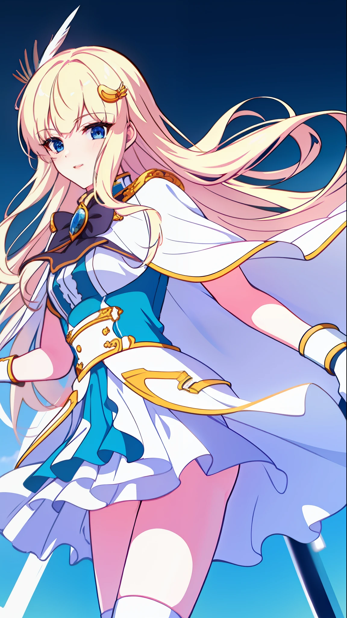 18 years old beautiful girl, masterpiece, top quality, 8K anime, 1 girl, detailed fingers, precise fingers, not unnatural hands, illustration, golden long hair, feather hair ornament, white cloak, white mini skirt with ruffles, white knee socks, white gloves, SAREN,