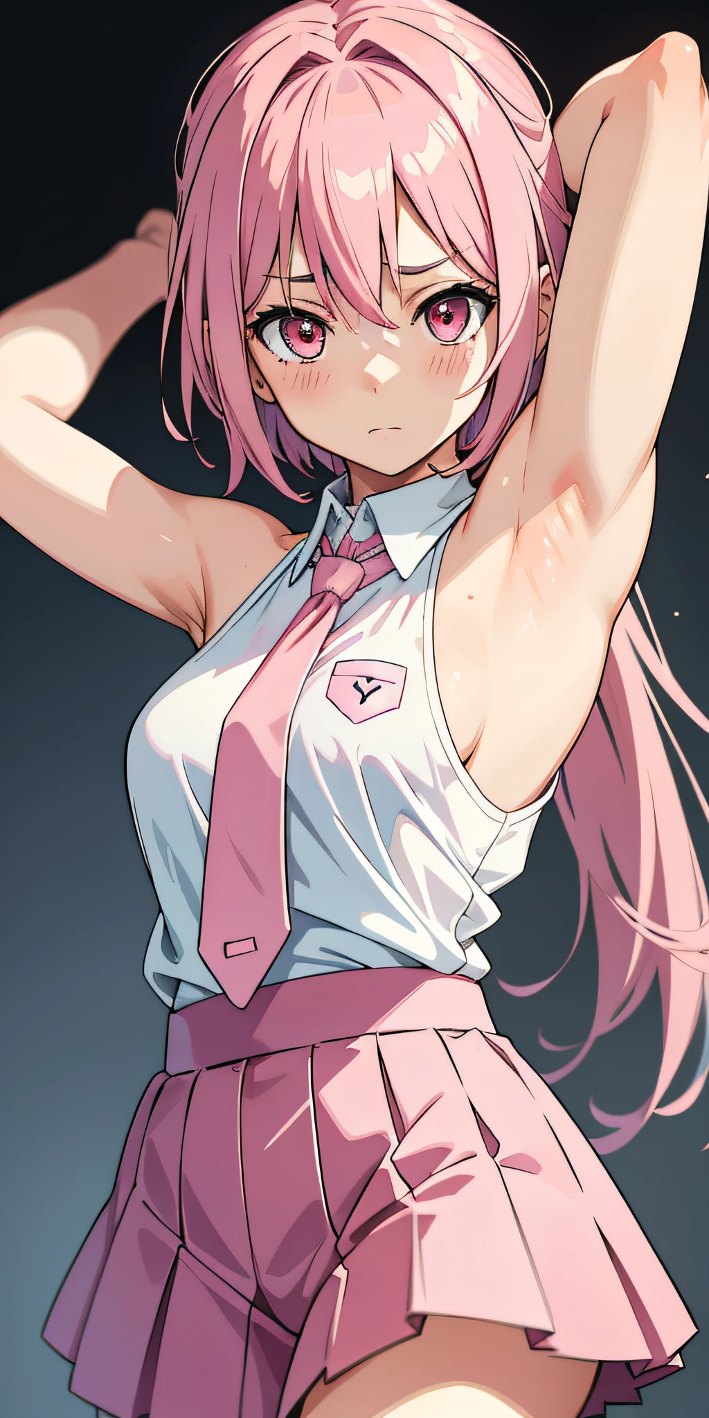 Anime girl with armpits, pink hair and pink tie, pink eyes, shy blush