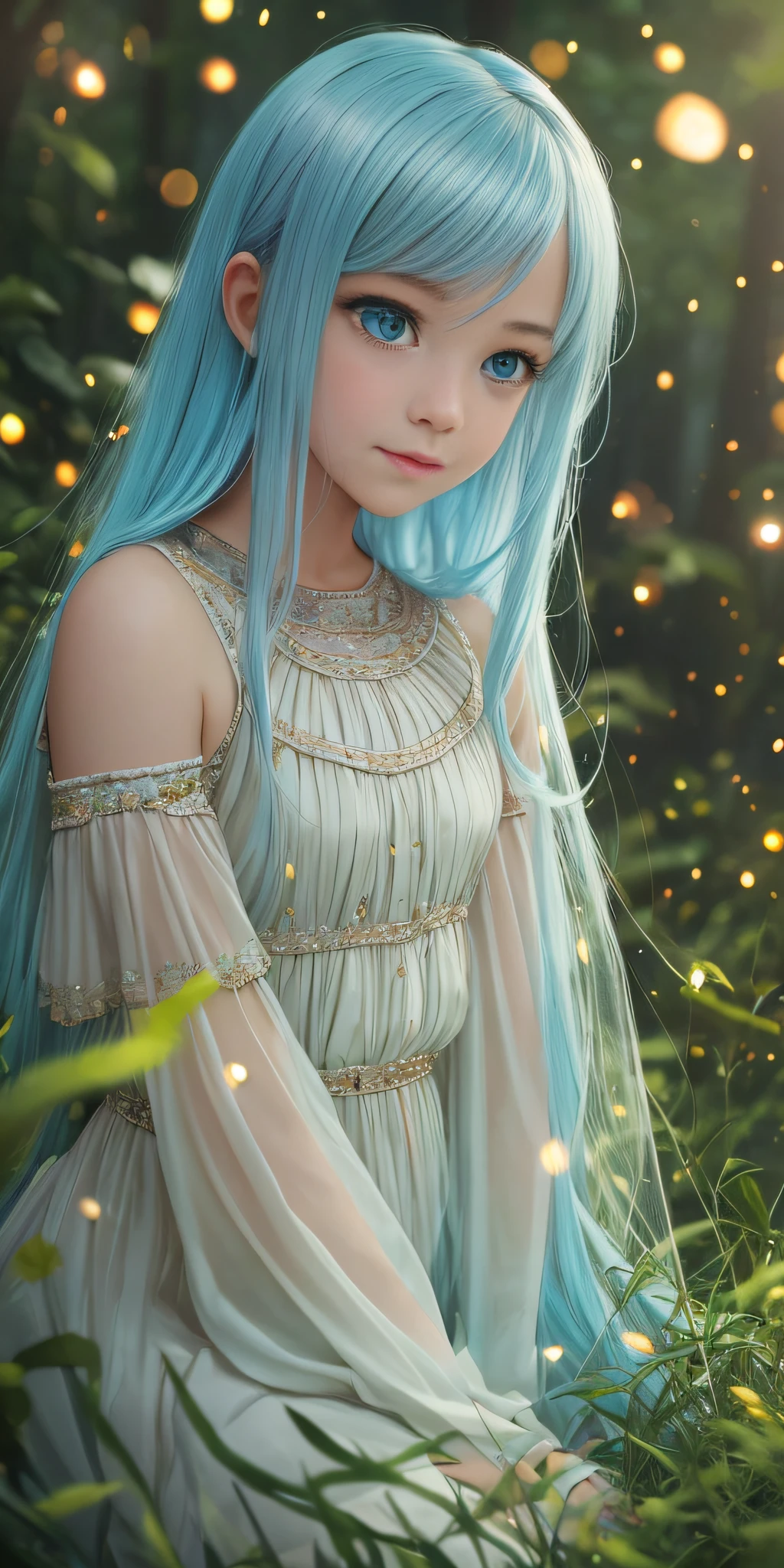 (1girl:1.3), Solo, (((Very detailed face)))), ((Very detailed eyes and face)))), Beautiful detail eyes, Body parts__, Official art, Unified 8k wallpaper, Super detailed, beautiful and beautiful, beautiful, masterpiece, best quality, original, masterpiece, super fine photo, best quality, super high resolution, realistic realism, sunlight, full body portrait, amazing beauty, dynamic pose, delicate face, vibrant eyes, (from the front), She wears oversized frock, very detailed forest, grass ground, detailed face, detailed forest background, messy, gorgeous, milky white, highly detailed skin, realistic skin details, visible pores, clear focus, volumetric fog, 8k uhd, DSLR, high quality, film grain, fair skin, photo realism, lomography, translucent,real , human, blurry foreground, wide shot, bokeh, cinematic lighting, Mannerism, textured skin, UHD, masterpiece, retina, highres, award winning, best quality, high details, super detail, a Chibi from Sky: Children of Light, vibrant warm smile, white nice teeth, long strand rainbow color hair, featuring vibrant colors and whimsical details, evoking a sense of wonder and magic. The color temperature is cool, very dark nighttime, sitting politely in a herd of glowing beautiful fireflies that are lighting her up, while the Chibi wears a joyful expression. Soft lighting accentuates the character's charm and innocence. --v 5 --stylize 1000, fireflies, dynamic lighting, park, flowers, green grass, raining, long frock, particles, glowing fireflies, dreamlike, dreamworks , magical world, --auto --s2