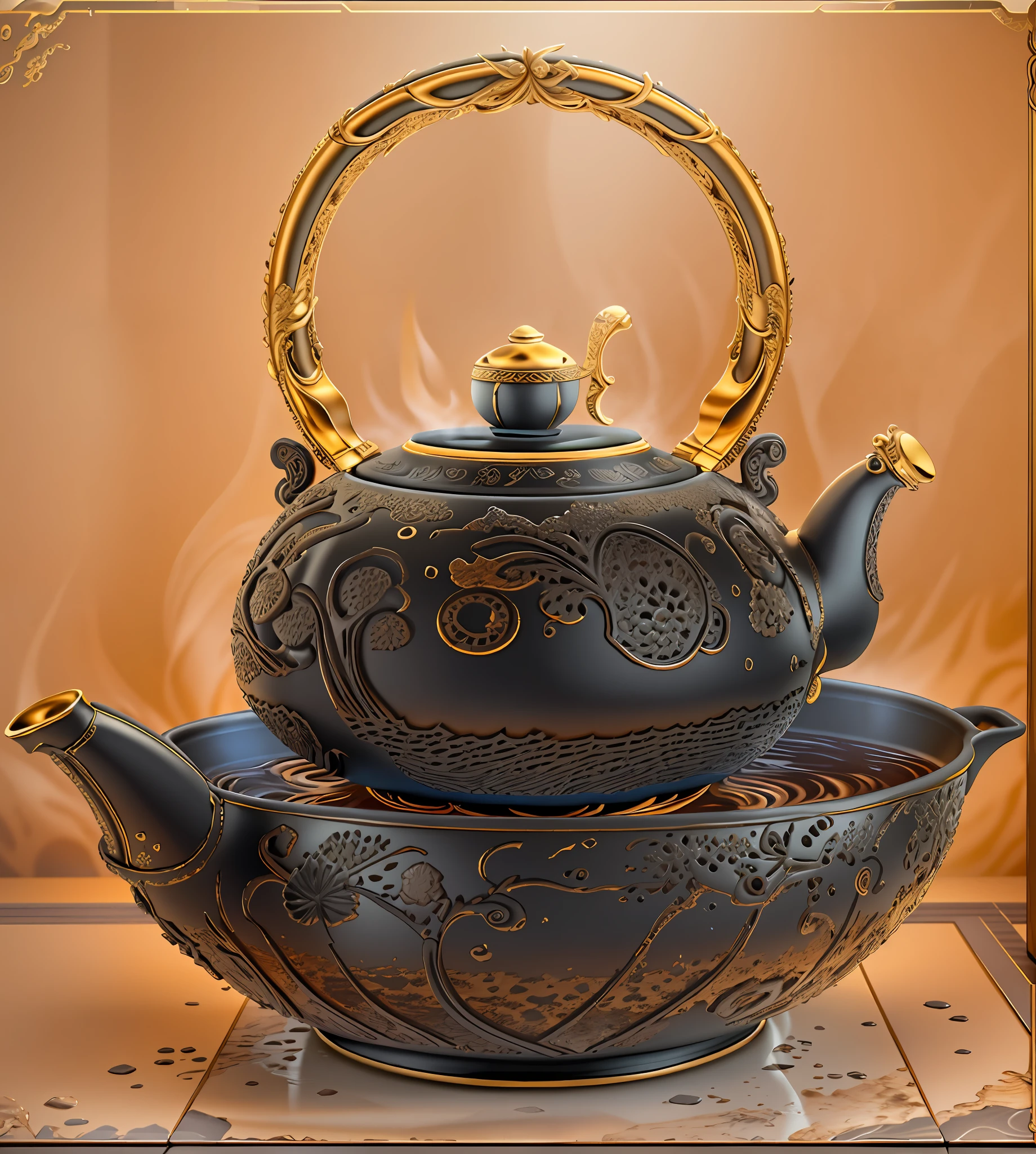 On the bowl is a black teapot, on the hearth there is a large black kettle, teapot, teapot: 1, corona rendering, teapot, high poly Vray rendering, Japanese pottery, obvious relief texture, ultra-realistic detail rendering, vray rendering, elegant rendering, pot, Arnold rendering, high quality rendering, kettle, Alexander Kucharsky key
