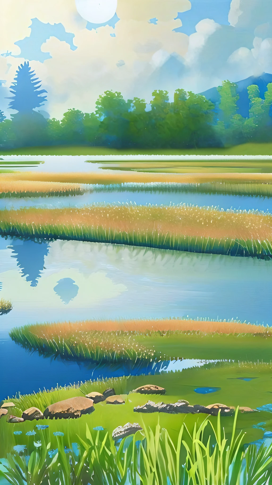 Under the blue sky, there is a river, on the meadow, deep and light and thick green,