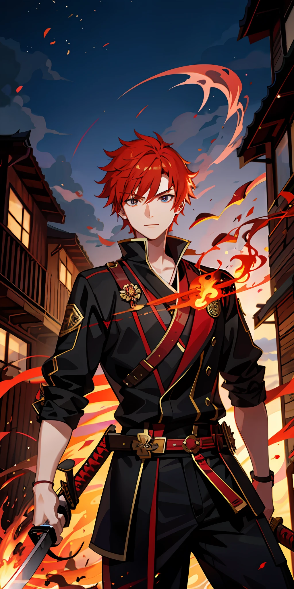 1male,red hair, flaming eye, katana, flames, nature, outdoors, glowing, sidelighting, town,