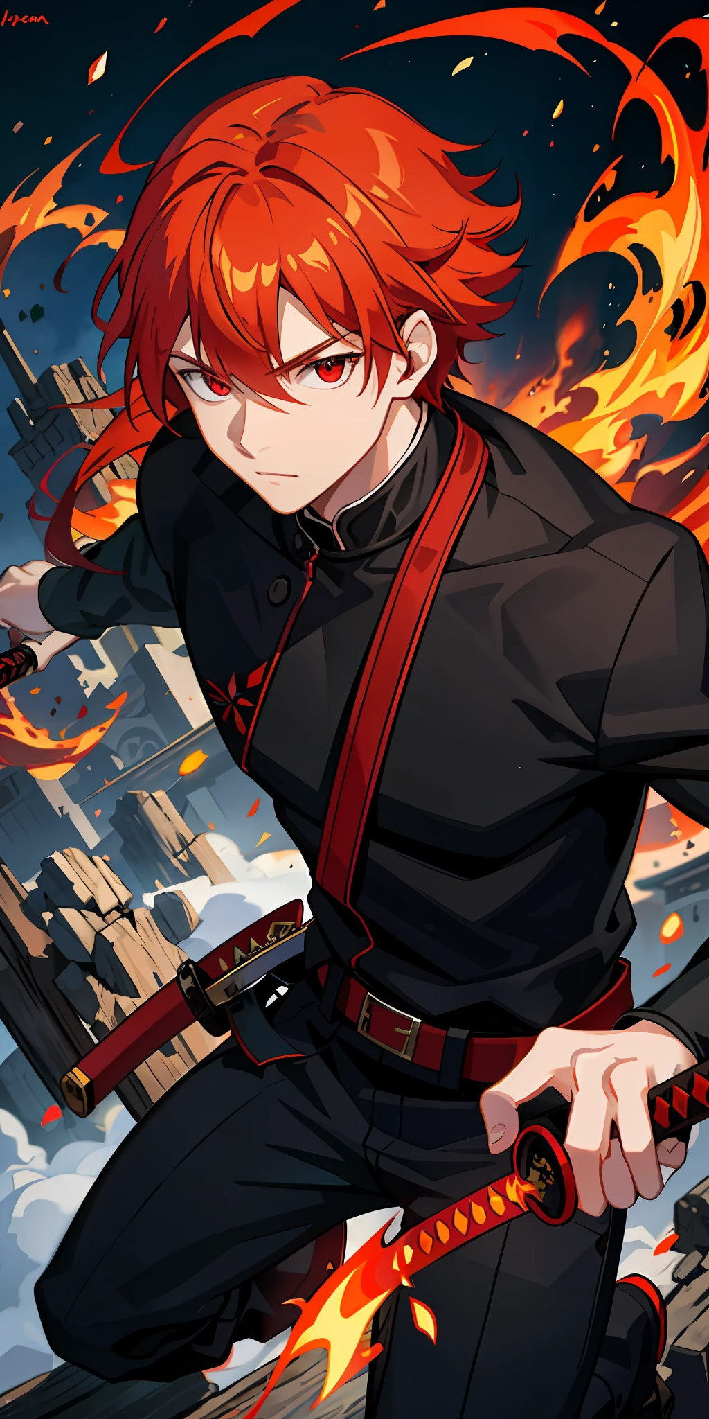 1male,red hair, flaming eye, katana, flames, nature, outdoors, glowing, sidelighting, town,
