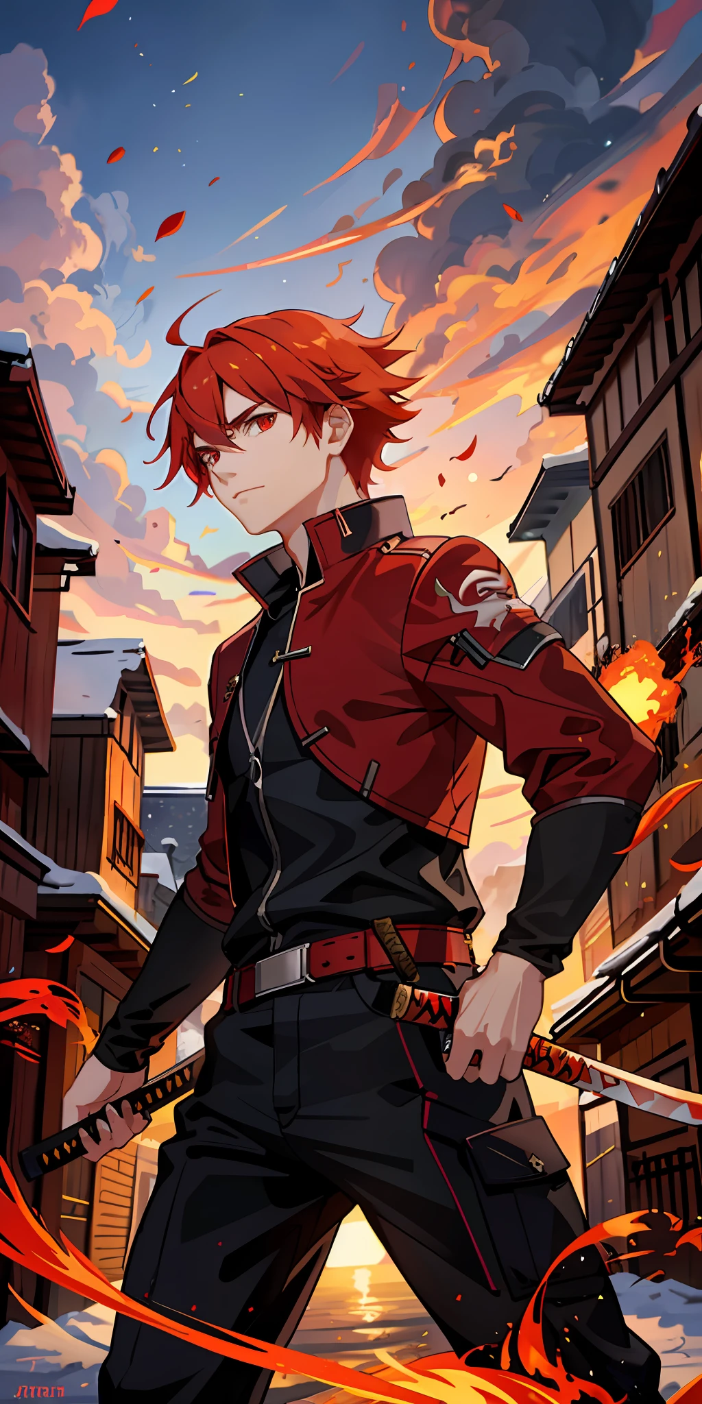 1male,red hair, flaming eye, katana, flames, nature, outdoors, glowing, sidelighting, town,