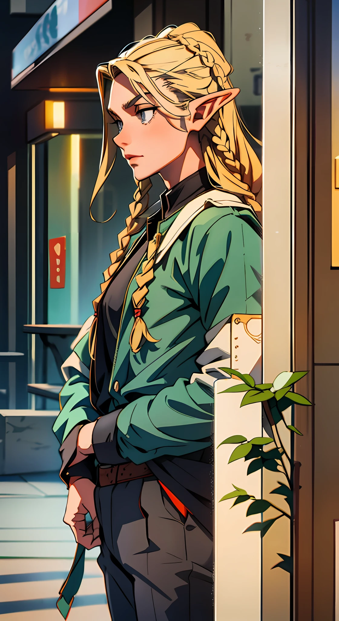 Elf, mafia, gray eyes, long Blonde braids, Boy, detailed, In full growth The man is feminine,