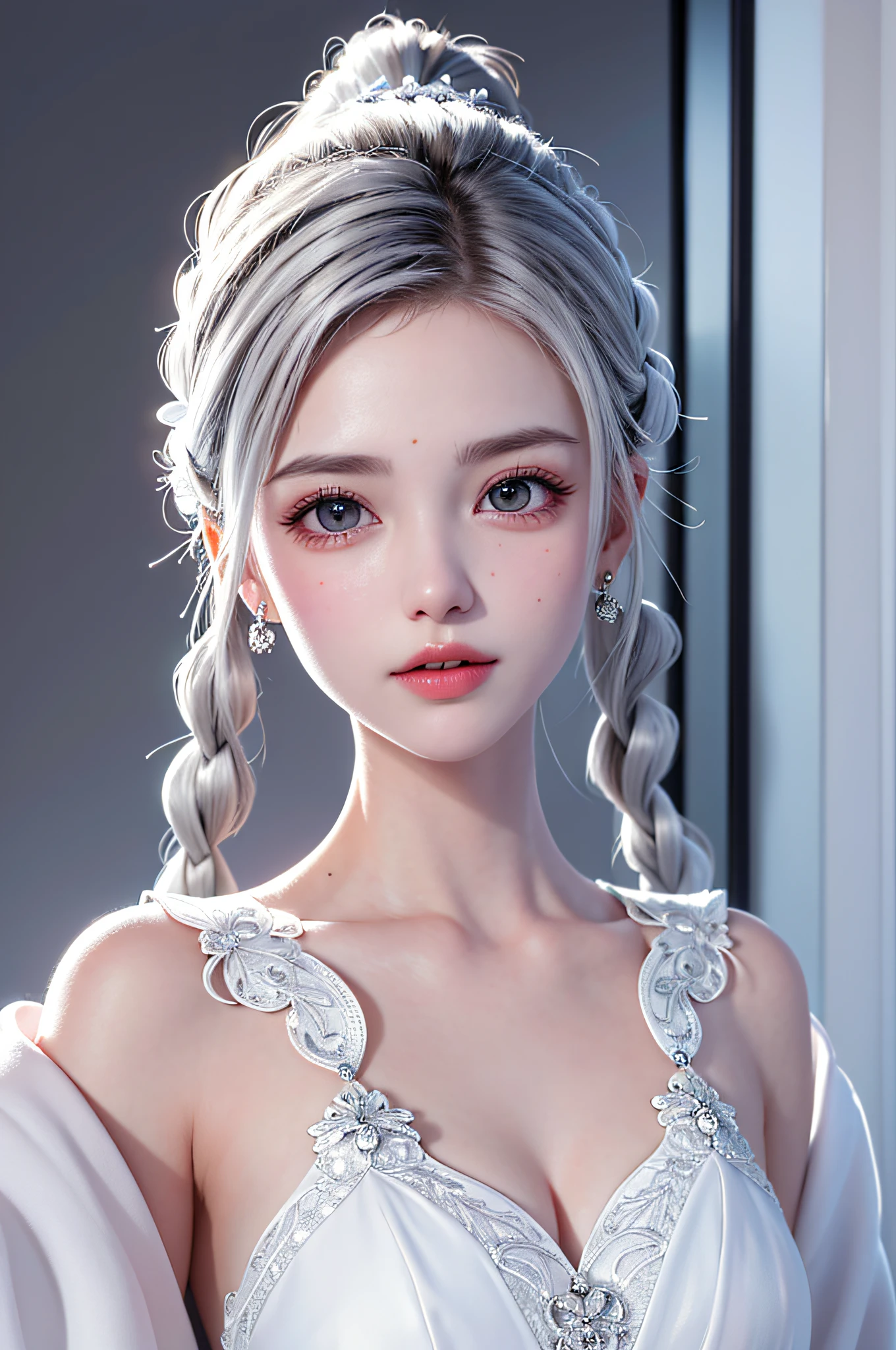 (best quality, masterpiece:1.2), ultra high res, realistic, front lighting, intricate detail, Exquisite details and textures, 1girl, solo ,(young), face highlight, upper body, detailed face, tear mole, white skin, silver hair, ponytail, braid hair, looking at viewer, big eyes, silk robe, (hollow pattern, white, silk), earrings, small breasts, slim body, luxury room, professional lighting, photon mapping, radiosity, physically-based rendering,