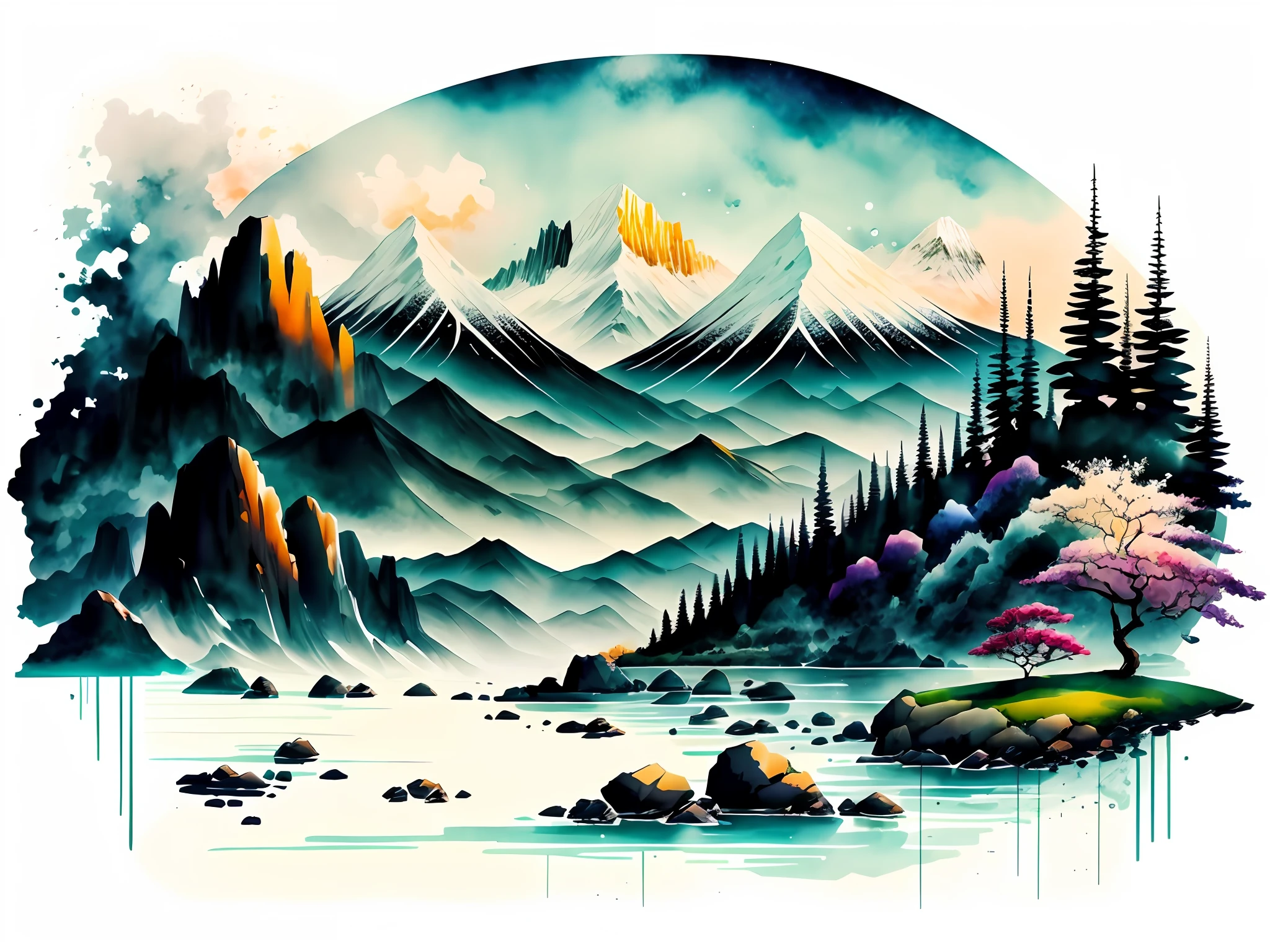 white background, scenery, ink, mountains, water, trees, Vineyard on a hillside,
