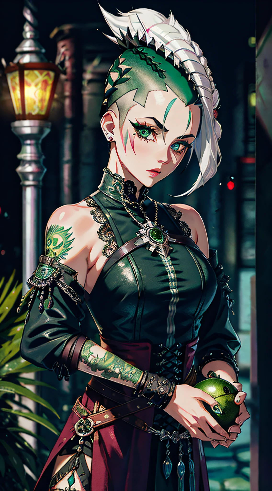 "((best quality, ultra-detailed, best possible quality, add_detail:1)), extreme beauty in tone, green eyes, wild and feminist, wild hair, adorable features, exaggerated makeup, close to camera. "Solo, thief, Blush, Medium bust, arm tattoo, (((side shaved hair))), pale skinned tomboy daughter, detailed background,a person with a dagger in hilt, female character, wearing intricate leather armor, lace bunad with a light leather armor, adult female warrior, wearing light green leather assassin armor,woman, (mohawk:1.4), (platinum hair:1.4), rogue, wrapped hands, strong, gates of hell, fiery smoke in the distance, deep dungeon, holding a glowing green poison bauble in hand, looking at viewer, mohican hair, gothic D&D, black themes