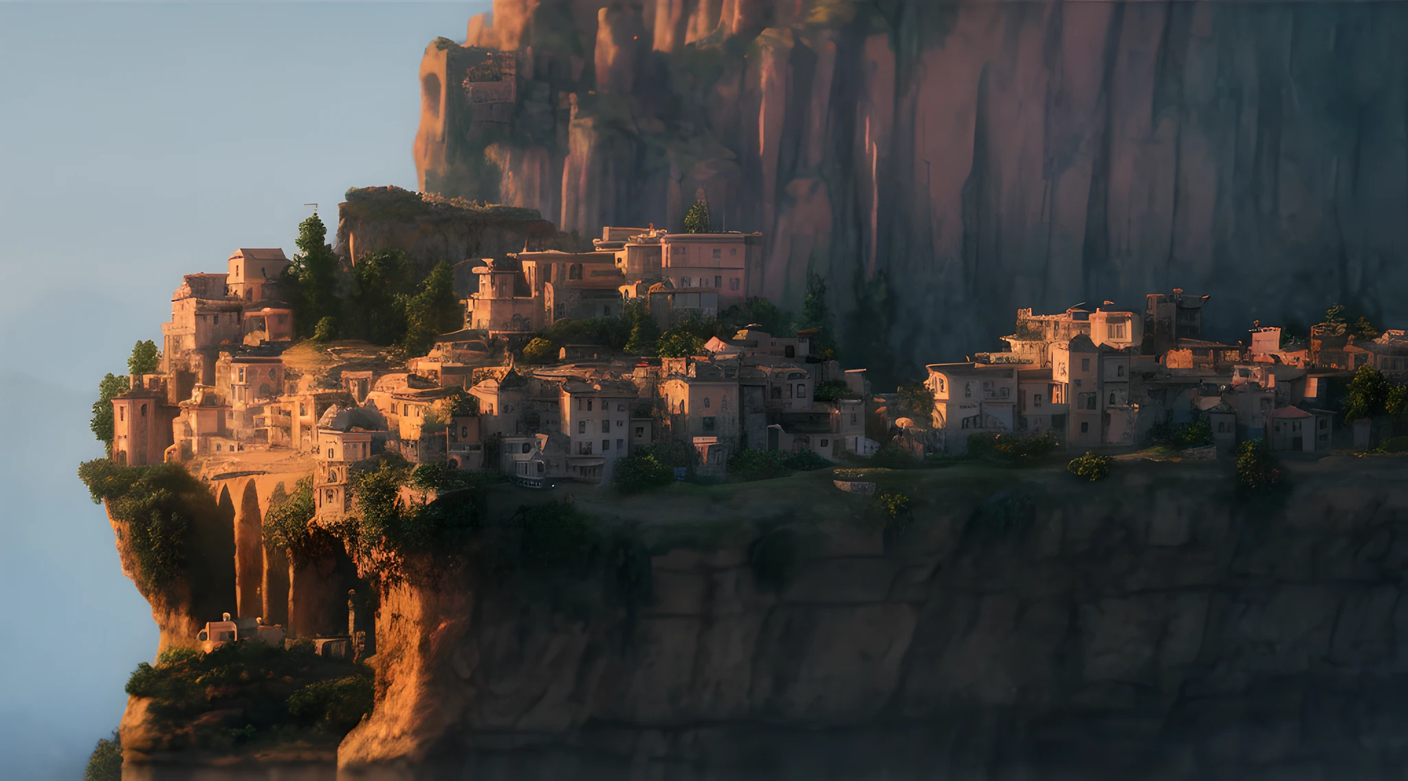 there is a small town on a cliff with a steeple, cliffside town, realistic photo of a town, the village on the cliff, hyperdetailed 3 d matte painting, hyperdetailed 3d matte painting, highly detailed matte painting, photorealistic matte painting, 3d rendered matte painting, beautiful mattepainting, hyperdetailed matte painting, insanely detailed matte painting