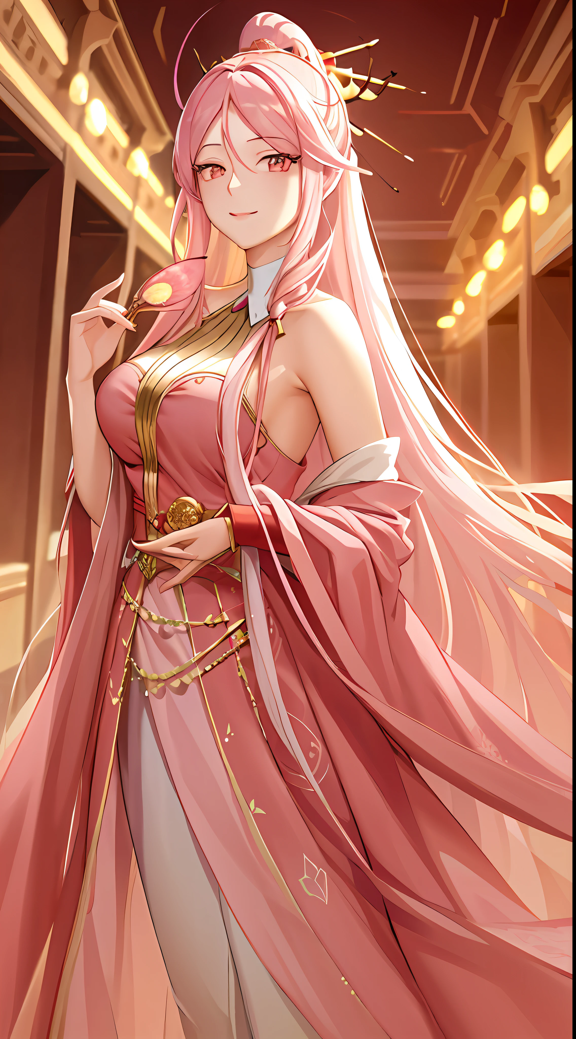 (masterpiece, top quality, best quality, official art, beautiful and aesthetic:1.2), (1girl), immortal, pink clothes, dunhuang_cloths, dunhuang_fan, long hair, white hair, red lips, light smile, closed mouth, cowboy shot,
