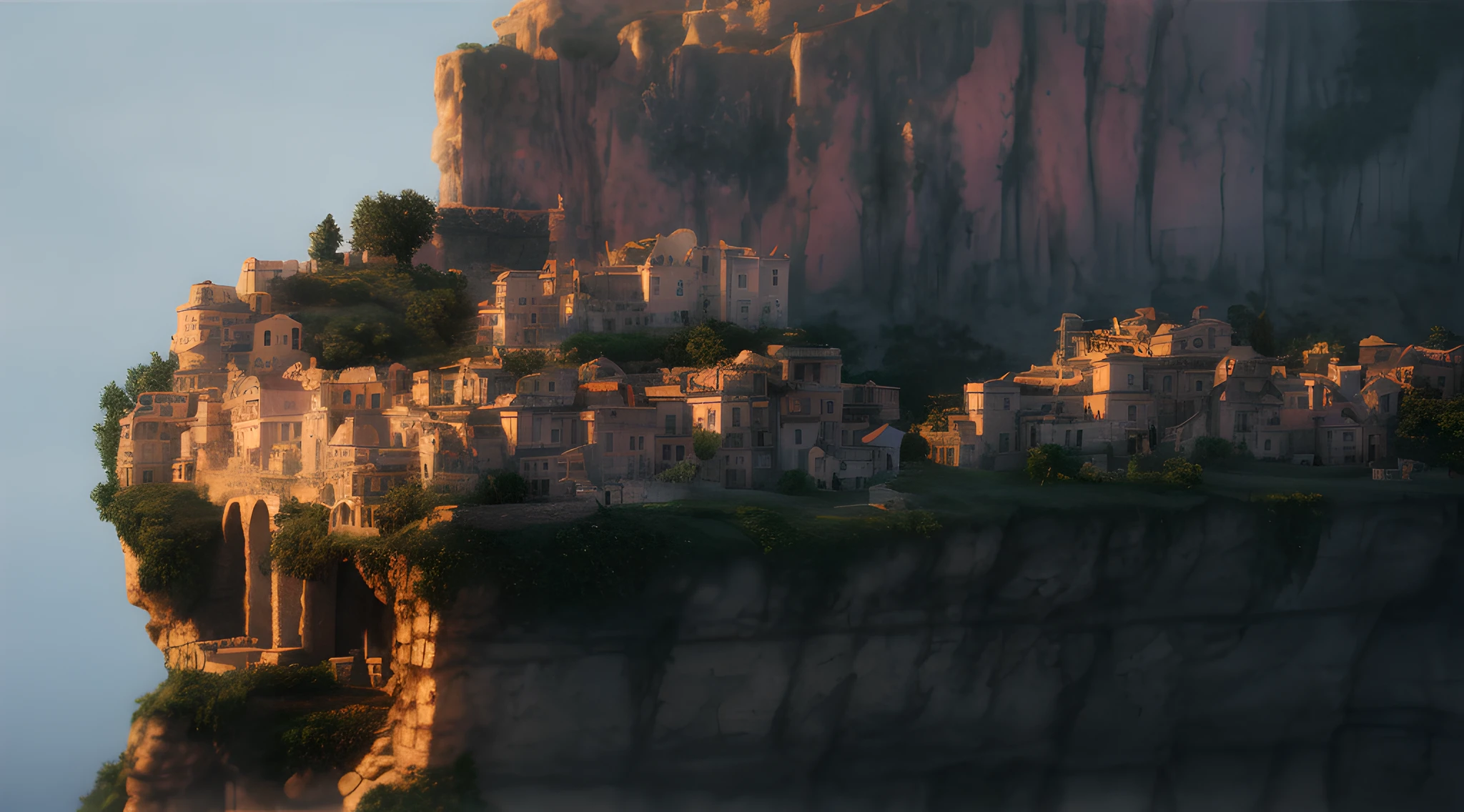 there is a small town on a cliff with a steeple, cliffside town, realistic photo of a town, the village on the cliff, hyperdetailed 3 d matte painting, hyperdetailed 3d matte painting, highly detailed matte painting, photorealistic matte painting, 3d rendered matte painting, beautiful mattepainting, hyperdetailed matte painting, insanely detailed matte painting