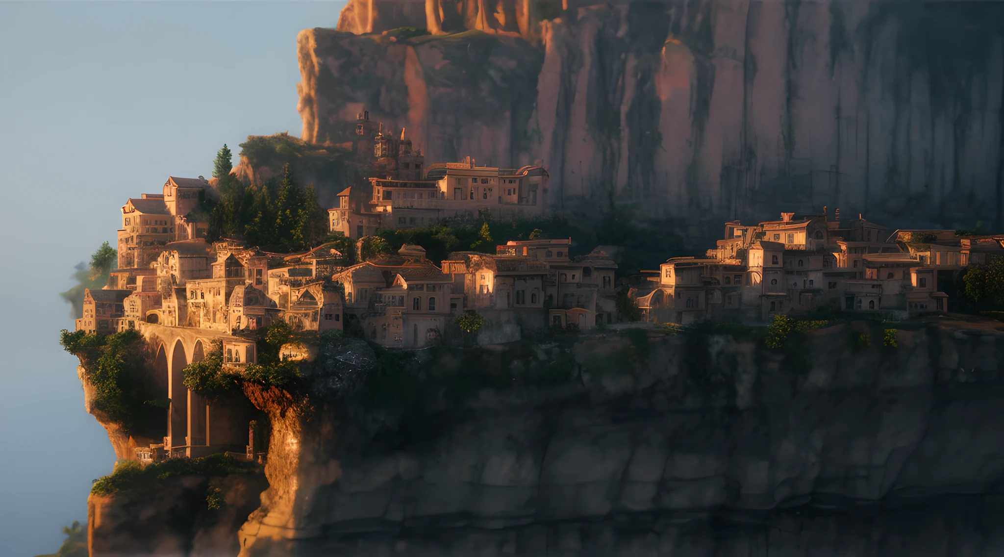 there is a small town on a cliff with a steeple, cliffside town, realistic photo of a town, the village on the cliff, hyperdetailed 3 d matte painting, hyperdetailed 3d matte painting, highly detailed matte painting, photorealistic matte painting, 3d rendered matte painting, beautiful mattepainting, hyperdetailed matte painting, insanely detailed matte painting