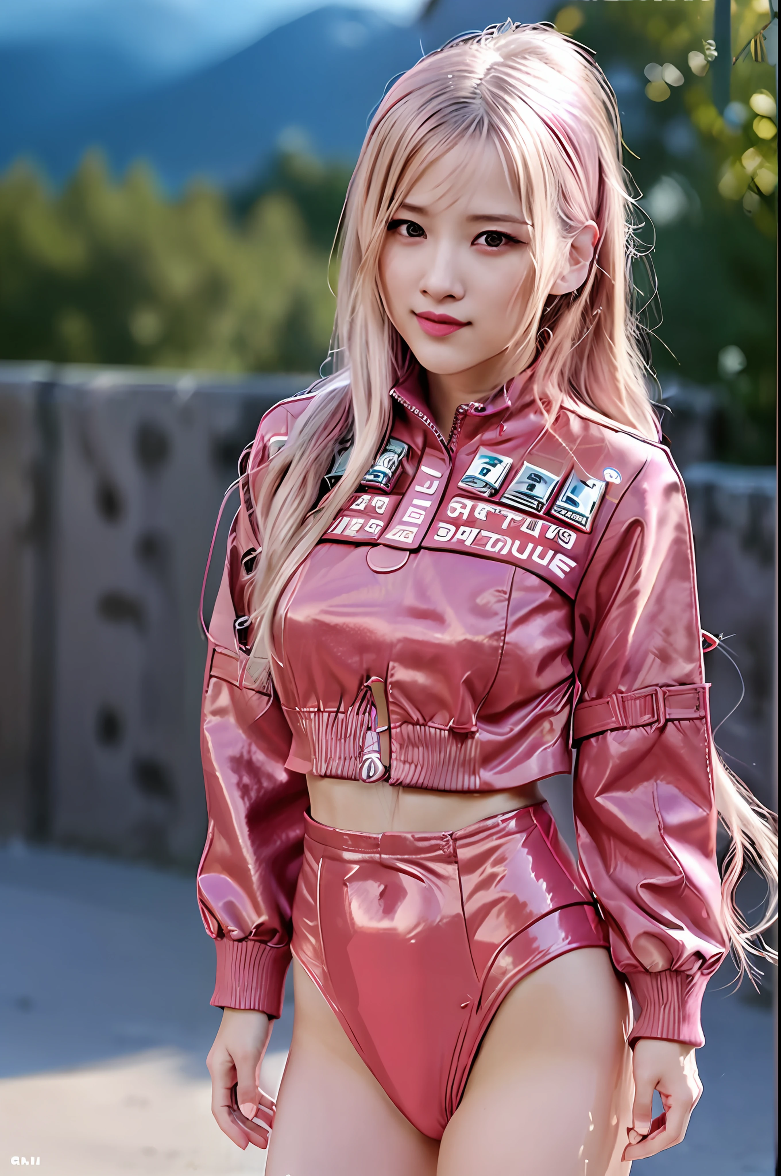 (8k, RAW photo, best quality, masterpiece:1.2), (realistic, photo-realistic:1.37), ultra-detailed, wallpaper, 1girl, cute, look-like (Watanabe-Mayu), morning, professional lighting, cinematic lighting, photon mapping, radiosity, physically-based rendering,(8k, RAW photo, best quality, masterpiece:1.2), (realistic, photo-realistic:1.37), morning, professional lighting, cinematic lighting, photon mapping, radiosity, physically-based rendering, bangs, bodysuit, covered navel, cropped jacket, gloves, headphones, impossible bodysuit, jacket, long hair, long sleeves, looking at viewer, parted lips, pink bodysuit, pink eyes, pink hair, puffy sleeves, red jacket, shrug , ((standing , full body, pose cute)) , ((cute smile)) ,
