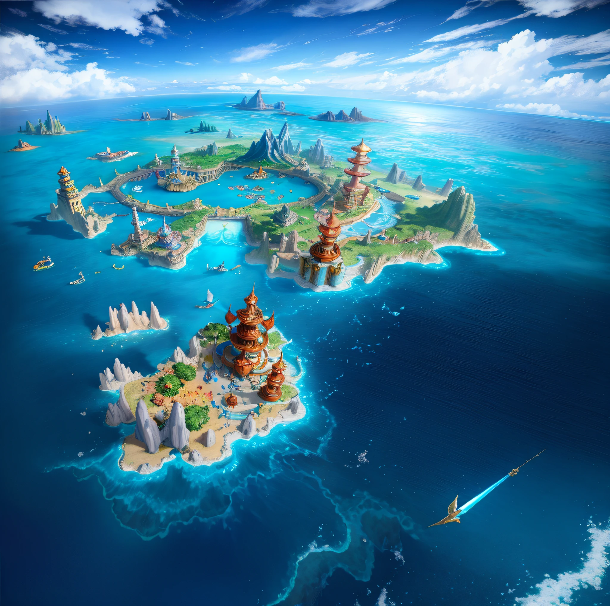 An island in the middle of the ocean, coral island, isometric fantasy island, waterfall, martial arts, clouds, Atlantis background, fantasy world concept, flying island in the sky, flying island, game map mask painting, final fantasy VLL world concept