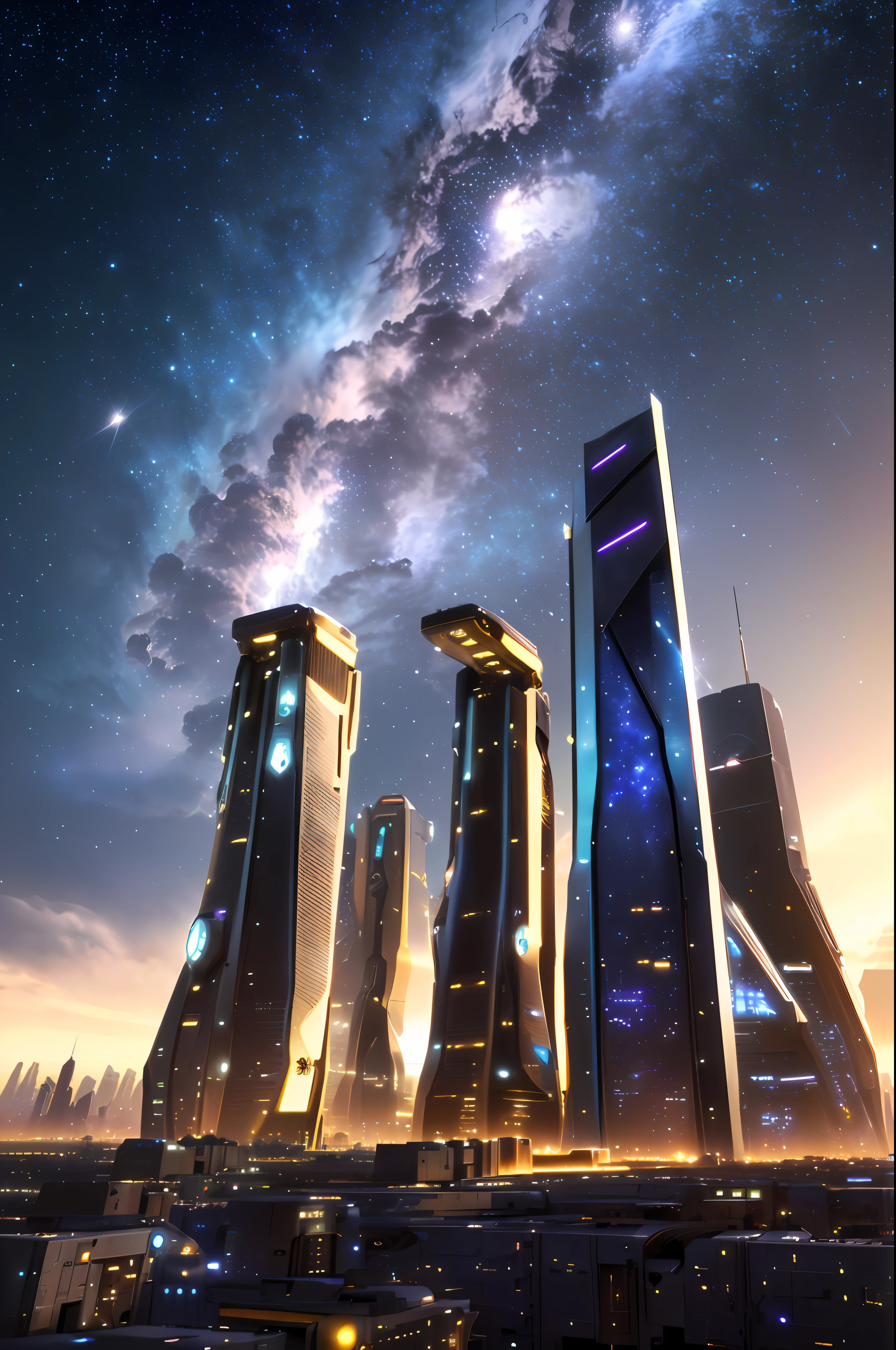 futuristic city with skyscrapers and a milky in the background, futuristic cityscape, futuristic city scape, photo of futuristic cityscape, futuristic buildings, ethereal starlit city at sunset, geometric futuristic cityscape, arstation and beeple highly, vista of futuristic city, futuristic city, futuristic utopian city, in fantasy sci - fi city, futuristic skyscraper