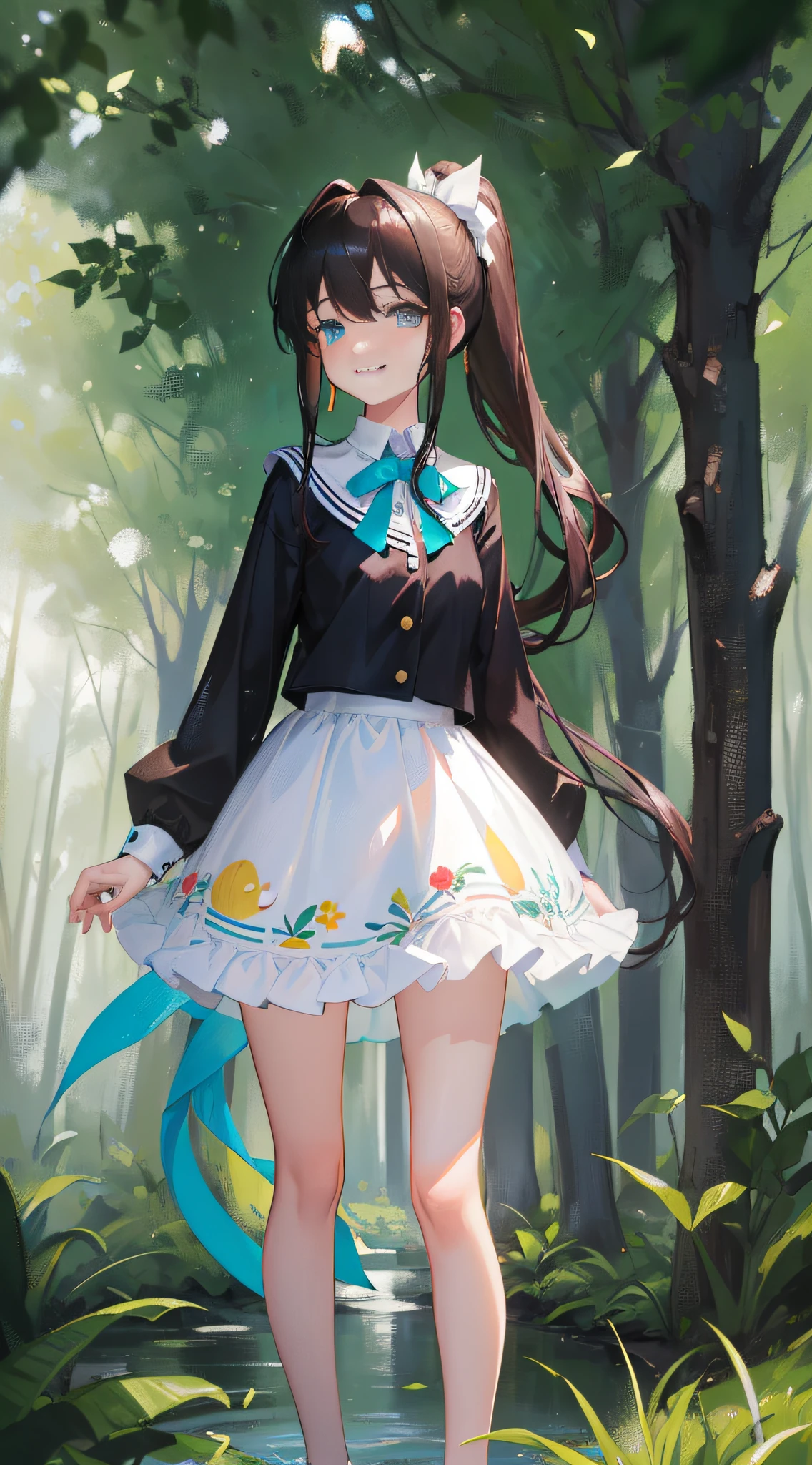 (Top Quality:1.4,Masterpiece,Ultra Detail,High Definition,Absurdity:1.2), Uniform, 20 years old, 1 Girl: 1.3, Black hair, Rabbit: 1.3, Full body: 1.2, Ponytail: 1.1, Moonlight, Standing in a dark forest, Fresh smile, Confidence, Night, Midnight:1.08, Dignified:1.2, Forest Circle:1.15