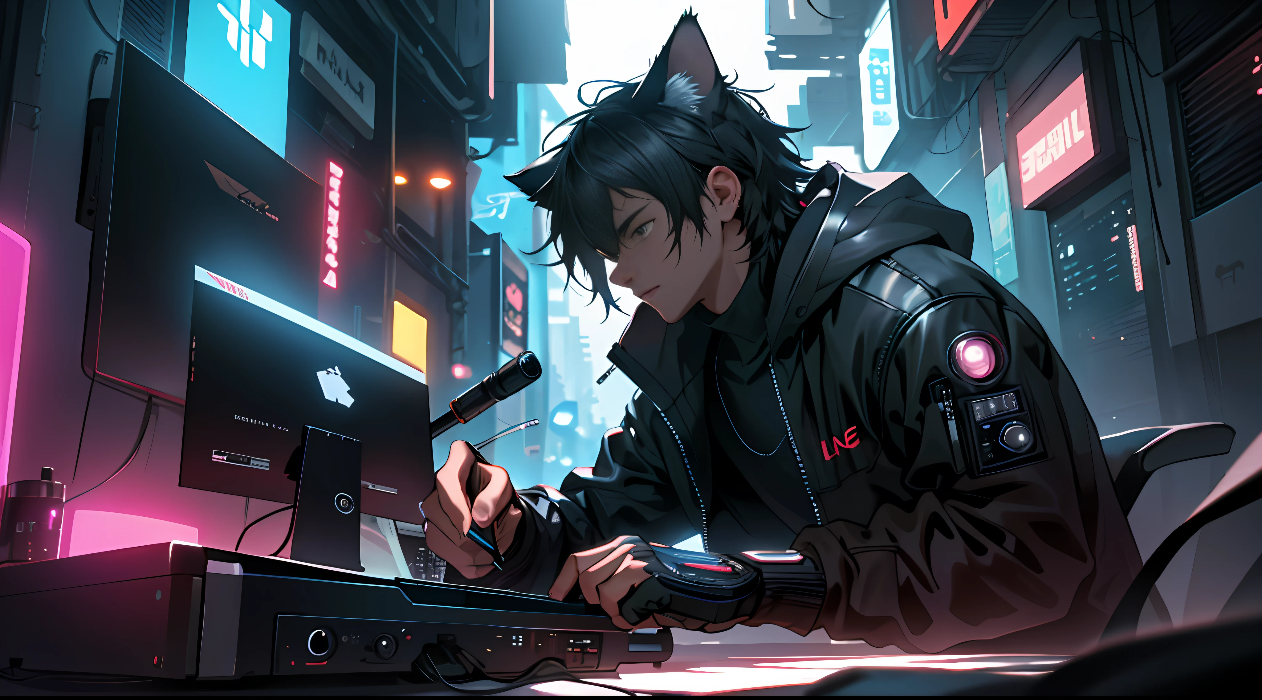 ultra detail, high resolution, ultra detailed, best quality, amazing, top quality, extremely detailed CG unity 8k wallpaper, cinematic lighting, cat fanboy, cyberpunk, dark boy