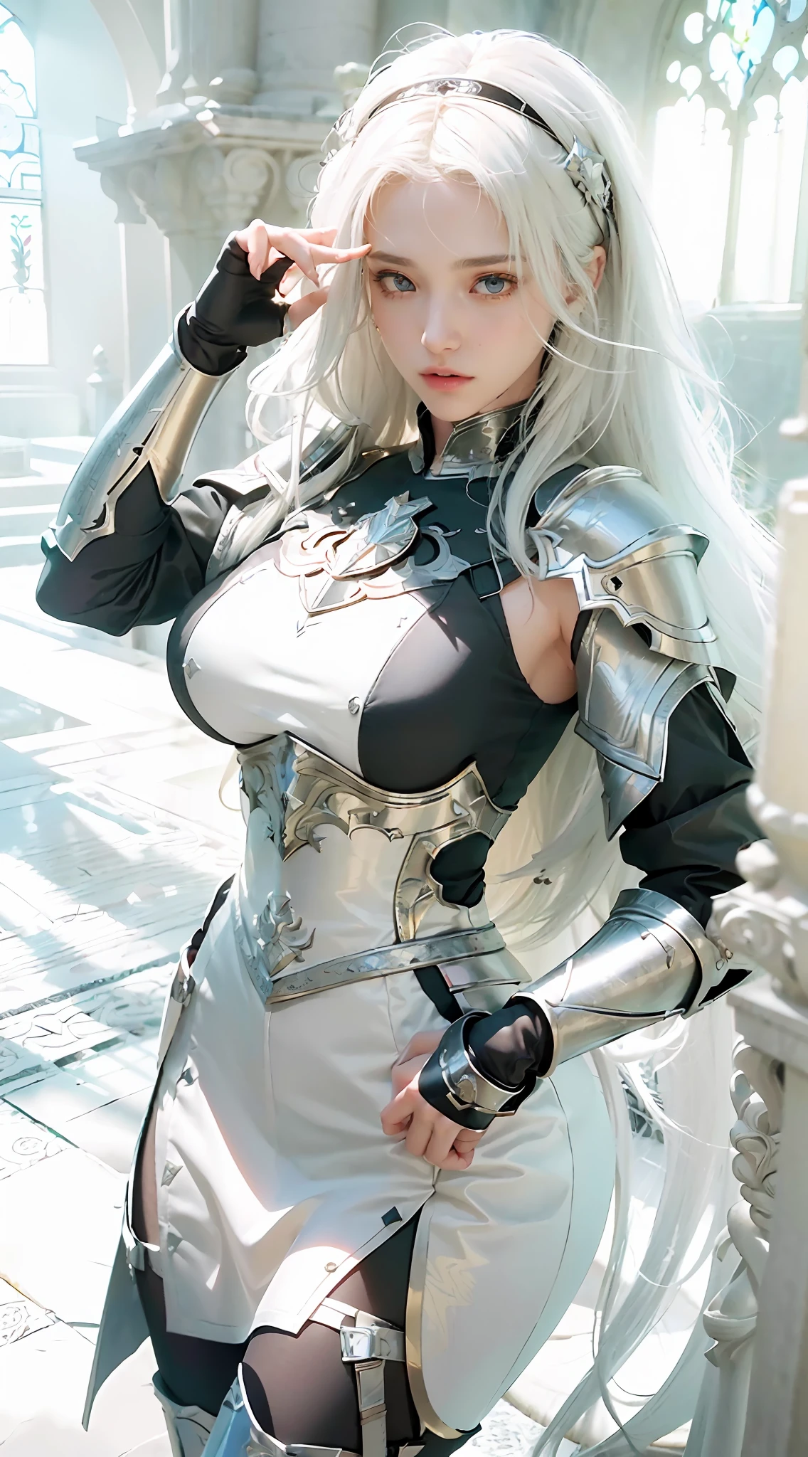 ((Best Quality)), ((Masterpiece)), (Details: 1.4), 3D, A Beautiful Female Knight, (Long White Hair: 1.9), (Red Eyes: 1.7), (Armor: 1.5), Sabre, Temple Background, Gothic Chapel, HDR (High Dynamic Range), Ray Tracing, NVIDIA RTX, Super-Resolution, Unreal 5, Subsurface Scattering, PBR Texture, Post Processing, Anisotropic Filtering, Depth of Field, Maximum sharpness and sharpness, multi-layer textures, albedo and highlight maps, surface shading, accurate simulation of light-material interactions, perfect proportions, Octane Render, two-color light, large aperture, low ISO, white balance, rule of thirds, 8K RAW,