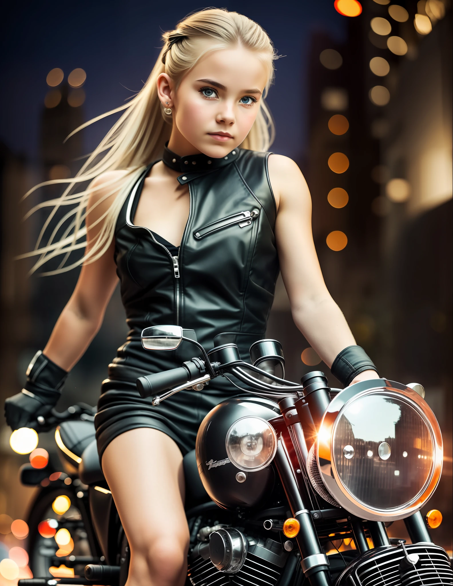 1girl, cute Nordic in wedding dress, motorcycle in the city at night (rider style: 1), angry face, scar on left eyebrow, scar, muscular, well-defined arm, contoured chest, hand on handlebar, mounted on top of motorcycle, riding Harley-Davidson, Iron 883 model, all black, matte black detail, original photo, best quality, masterpiece, super high resolution, natural skin texture, realistic eye and face details, realistic, looking at the viewer, City night scene, background bokeh, prime lens, people photography, outdoor, 16K, super high quality. --auto --s2