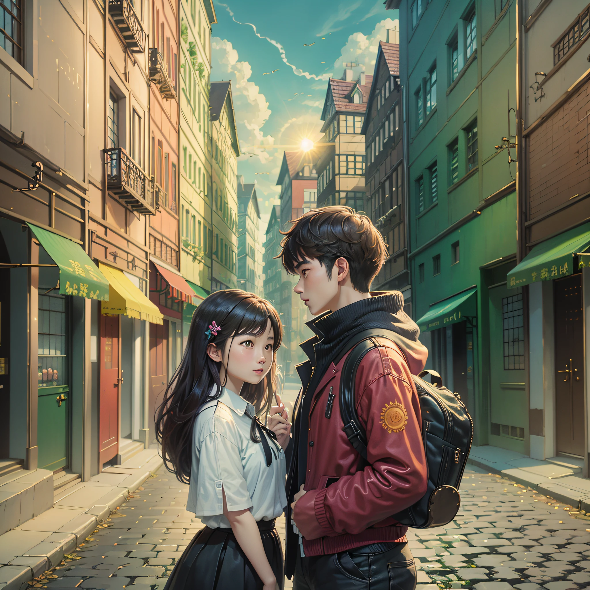 The sun shines on the colorful city, and a couple Xiaojing and Xiaojun meet to travel together. --auto --s2