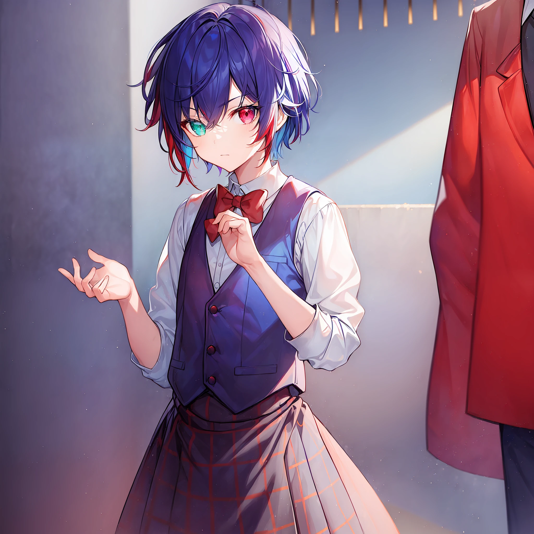 ((((nobackground)))),1boy,standing,  shorthair, dark purple hair, (((heterochromic,red&blue))),vest, blue Clothes,