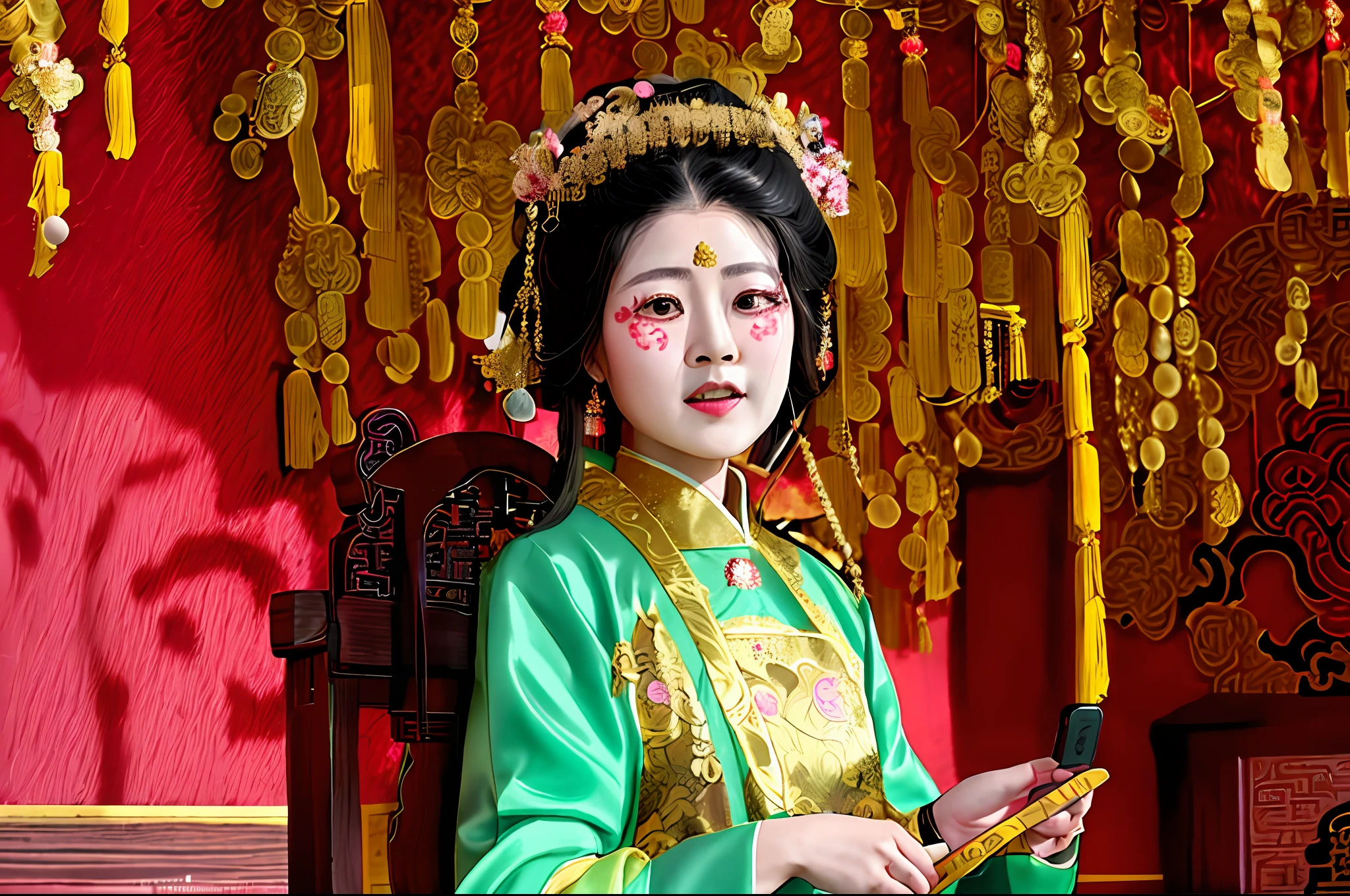 there is a woman in a traditional dress holding a cell phone, palace ， a girl in hanfu, wearing ancient chinese clothes, chinese princess, chinese woman, chinese costume, traditional chinese clothing, chinese girl, hanfu, tang dynasty, ancient chinese princess, traditional chinese, with acient chinese clothes, traditional tai costume, wearing ornate silk clothes, chinese empress